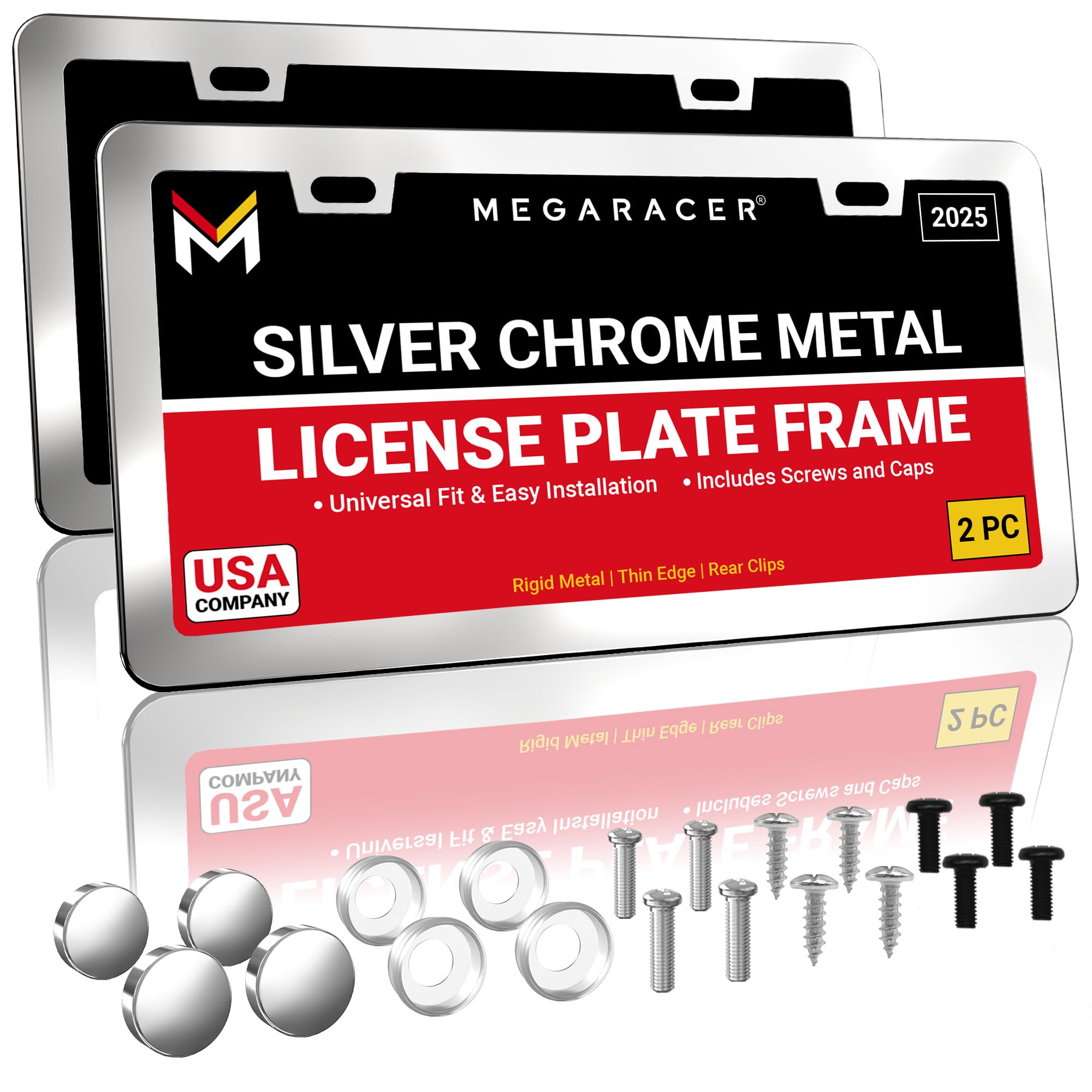 Chrome License Plate Frame For Men | 2 Pack | Silver License Plate Frames For Women | Metal Car License Plate Holder Frame | Car