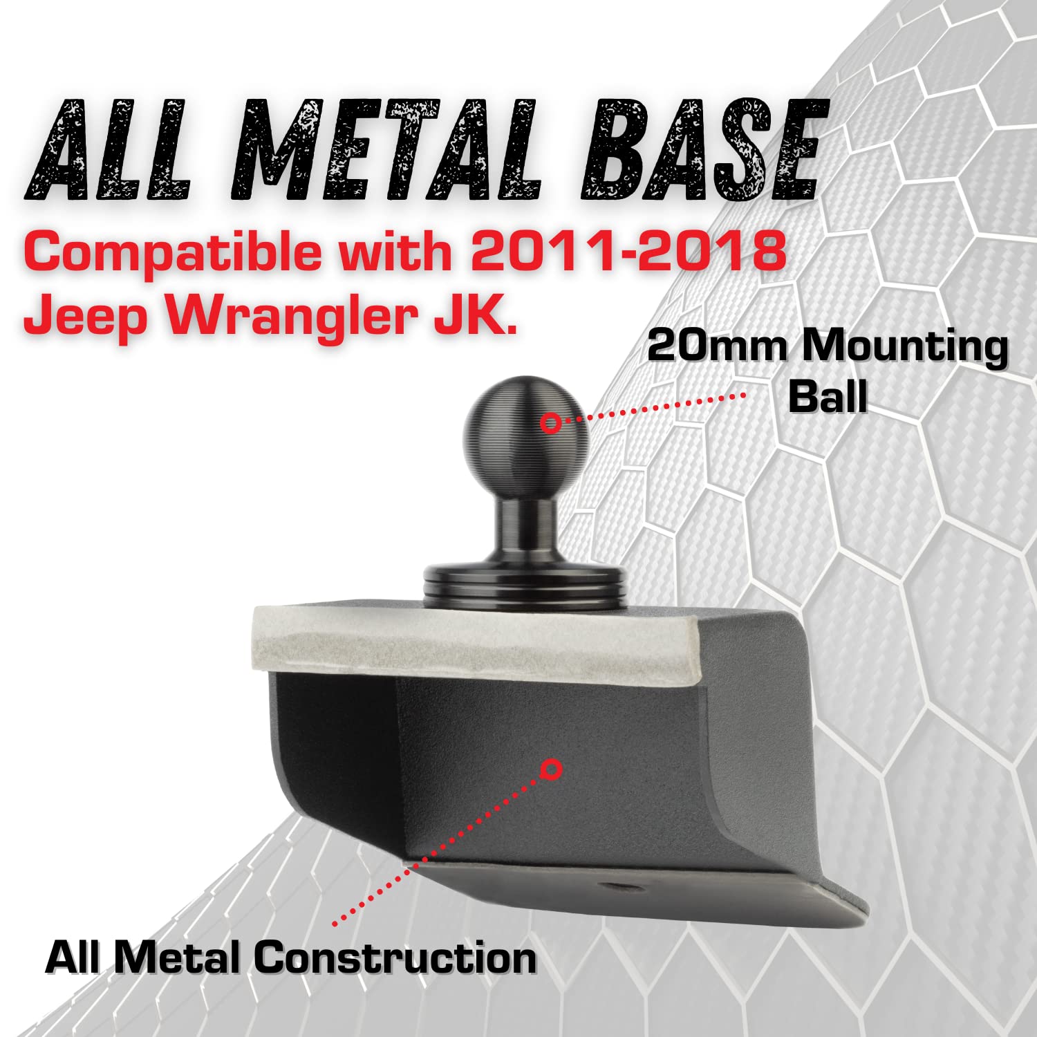Bulletpoint Dash Mount Cell Phone Holder Compatible with 2011-2018 Jeep Wrangler JK JKU 20mm Ball Mount (Single Ball Metal Base