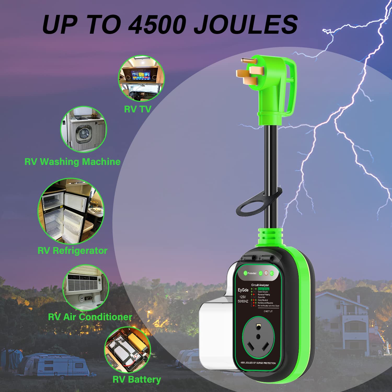 Eygde 50 Amp To 30 Amp Rv Adapter With Surge Protector, Patented 4500J 50 Amp Male To 30 Amp Rv Adapter Plug, Rv Circuit Analyze