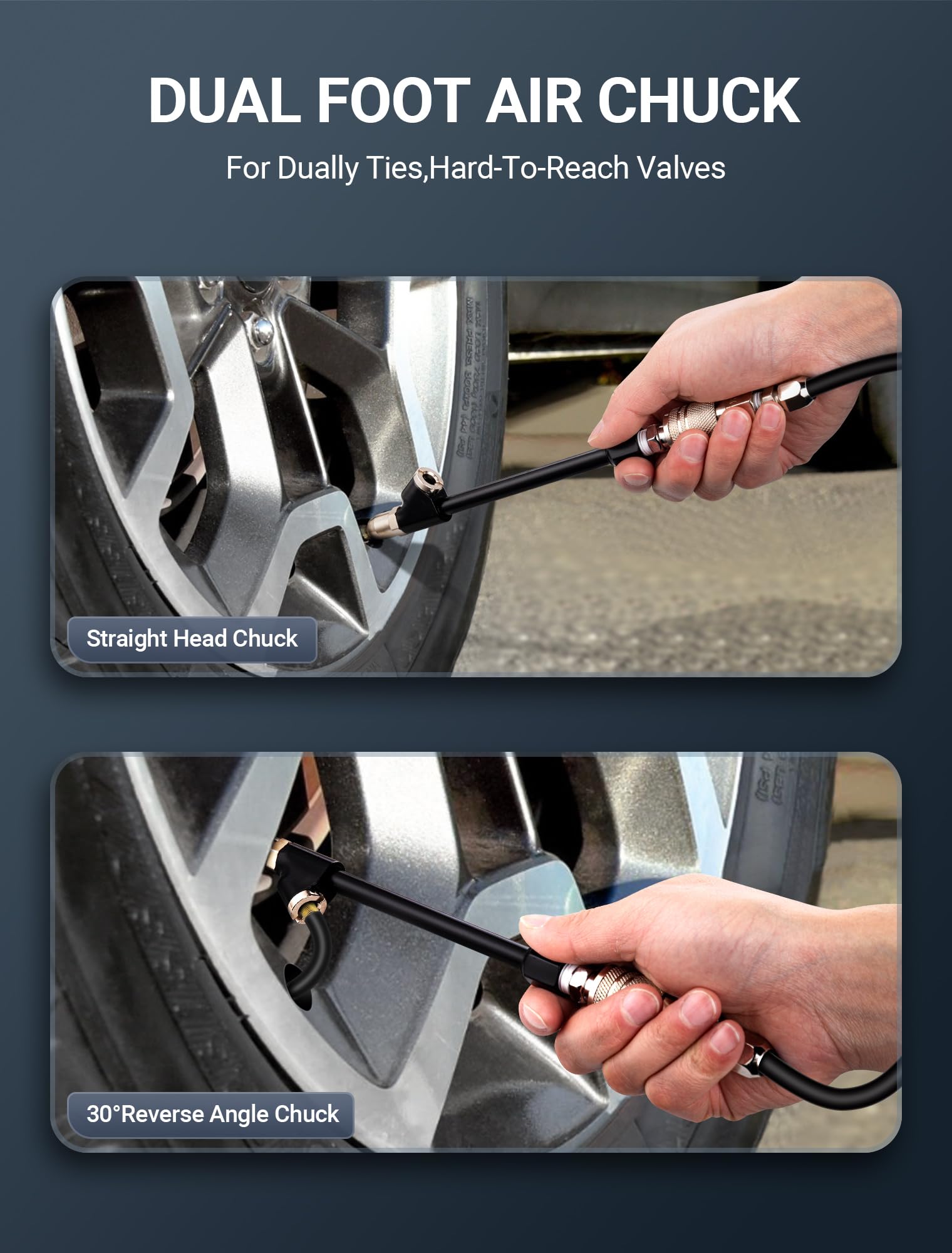 Lumiteco Air Chuck Set, 1/4'' Fnpt Extended Reach Dual Head Air Chuck W/Quick Plug, 2-Way Connect Tire Air Chuck For Tire Inflat