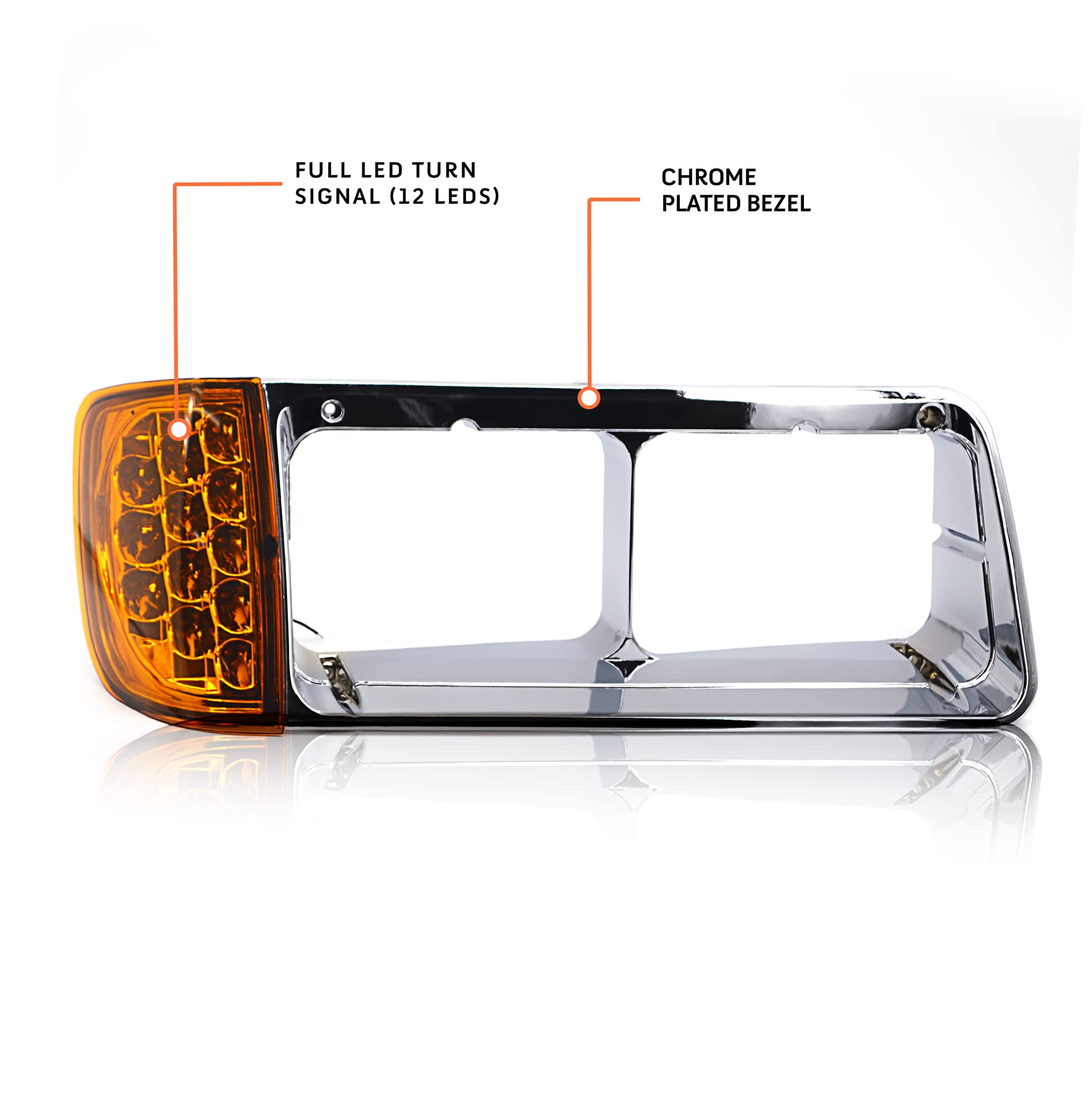 Torque Headlight Bezel Passenger Right Side Replacement for 1989-2002 Freightliner FLD semi Trucks with Amber LED Turn Signal Light Assembly DOT SAE Approved 3 Wires RH (TR039-R)