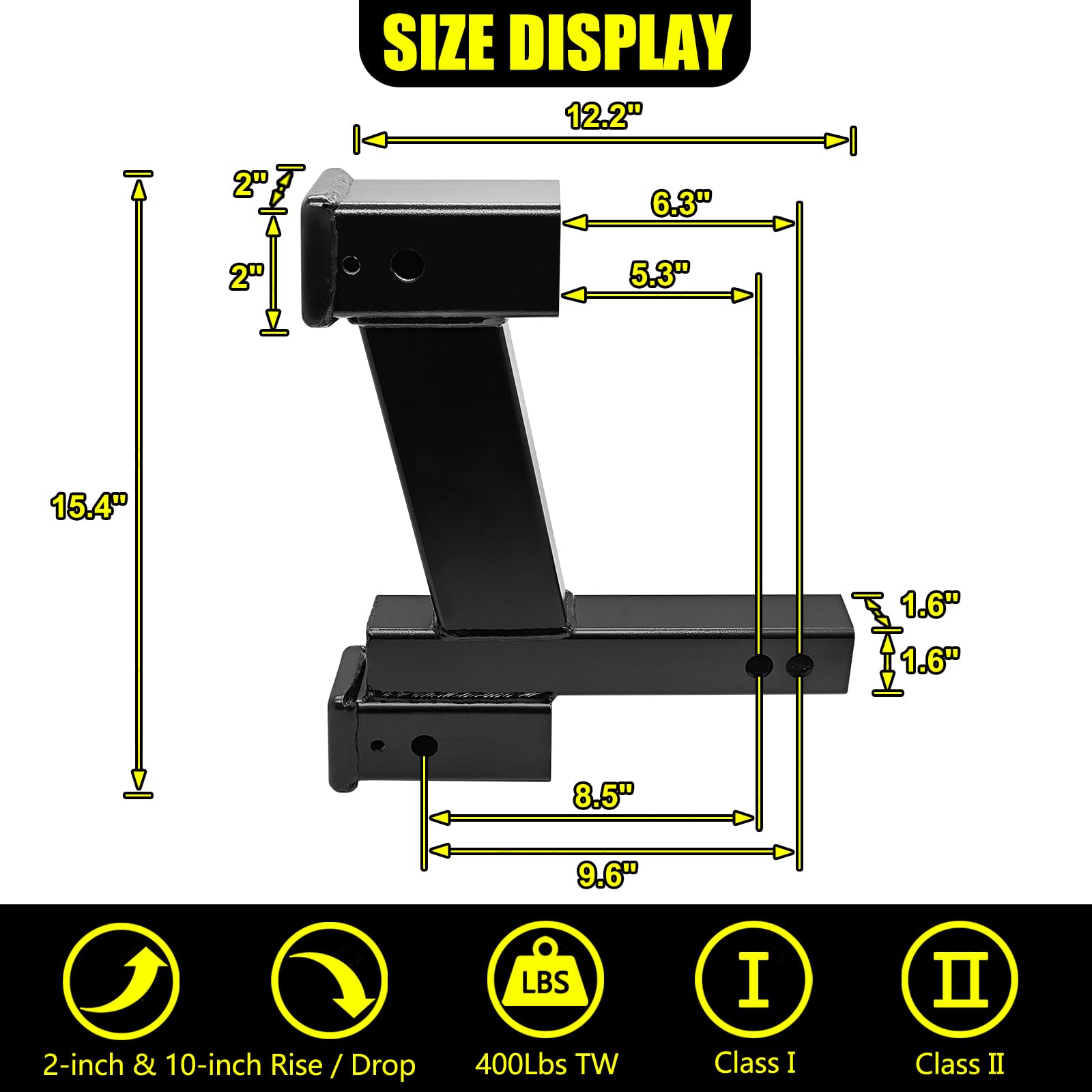 Kairay Trailer Dual Hitch Extender Adapter With 2-Inch & 10-Inch Riser/Drop, Fit For 2'' Receiver, 2-Inch Solid Shank, 10000Lbs