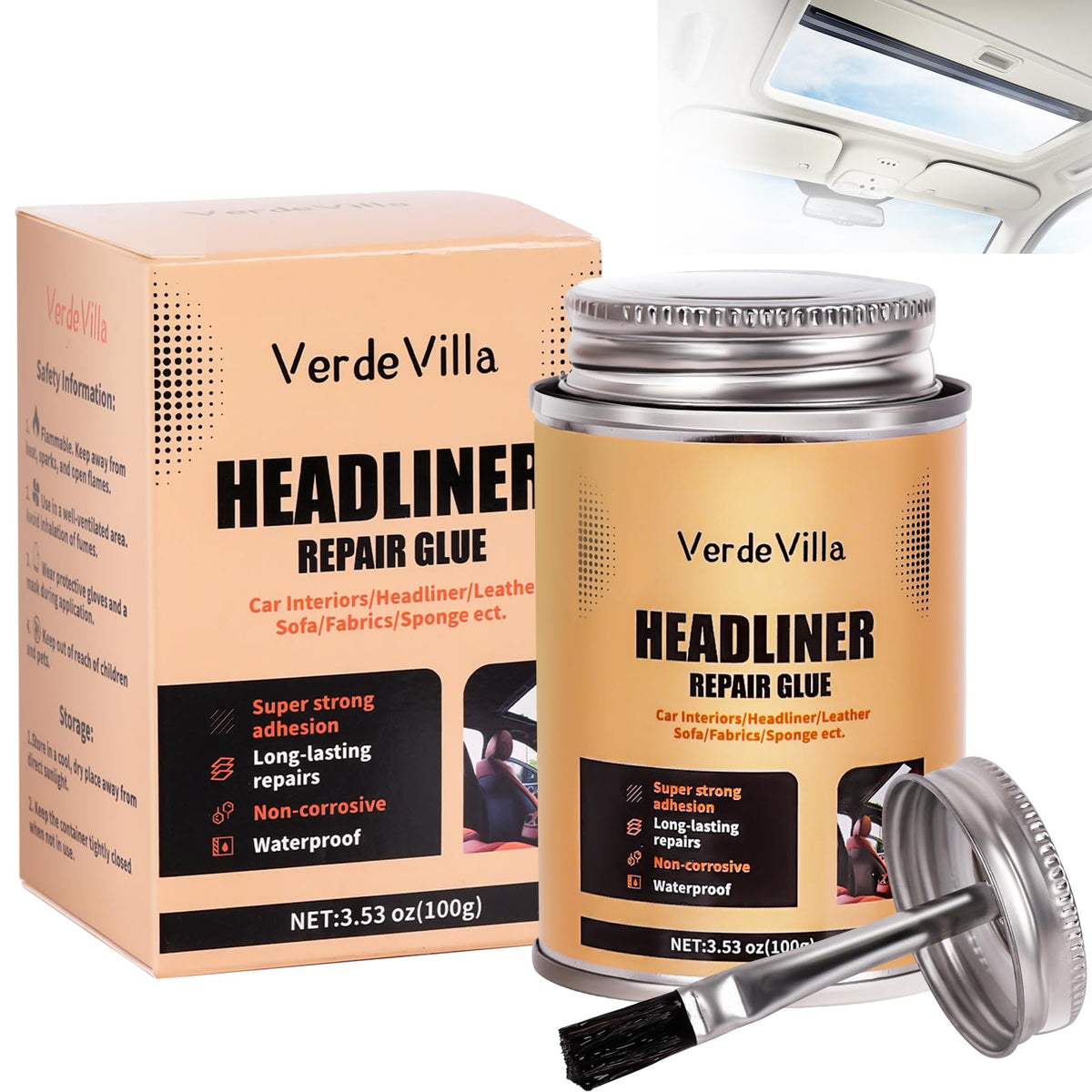 Headliner Repair Glue, Car Headliner Adhesive with Brush, Car Roof Liner Fabric Adhesive, Upholstery Glue for Cars,Headliner Rep
