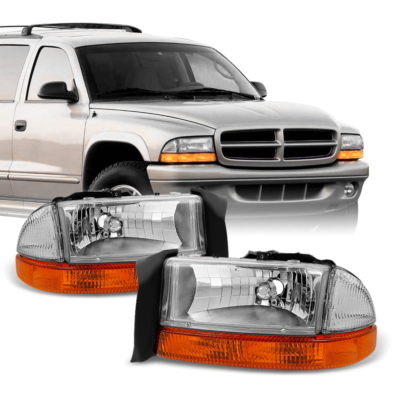 Akkon - Fits 1997-2004 Dodge Dakota | 98-03 Durango Chrome Driver Left + Passenger Right Side Headlights +Signal Lamp Pair Set