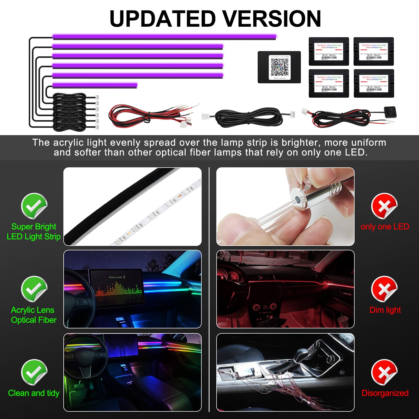 Acrylic Interior Car Led Strip Light With Wireless App, Rgb 6 In 1 With 175 Inches 593 Leds Fiber Optic Ambient Lighting Kits, 1