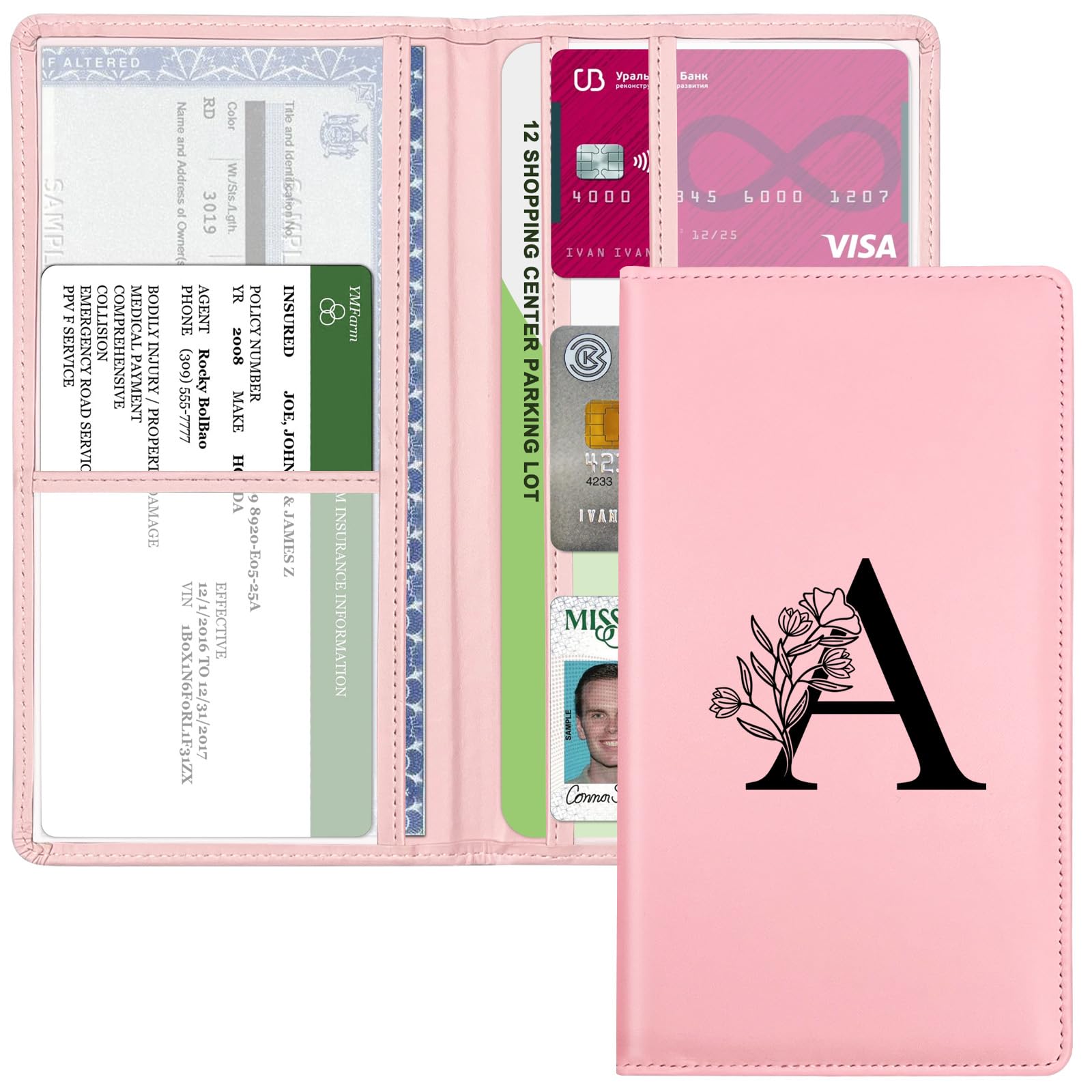 Yeecase Car Registration & Insurance Holder With Closure, Pink Letter Wallet Case For Women & Men
