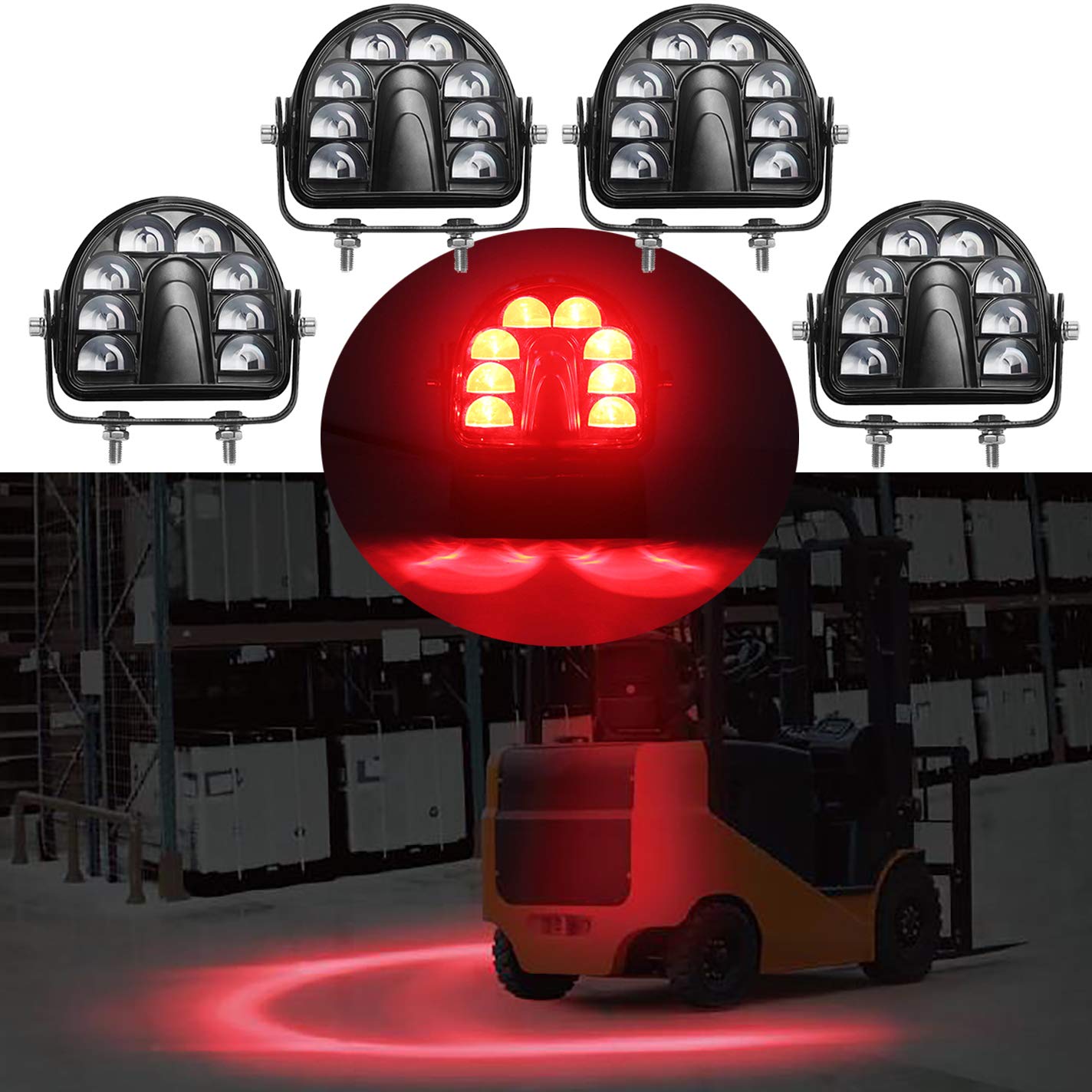 ONERAY 4-Pack Forklift Safety Light Red Arc LED Warning Light Warehouse Pedestrian Warning Arch Zone Spotlight 40W DC10-80V for 