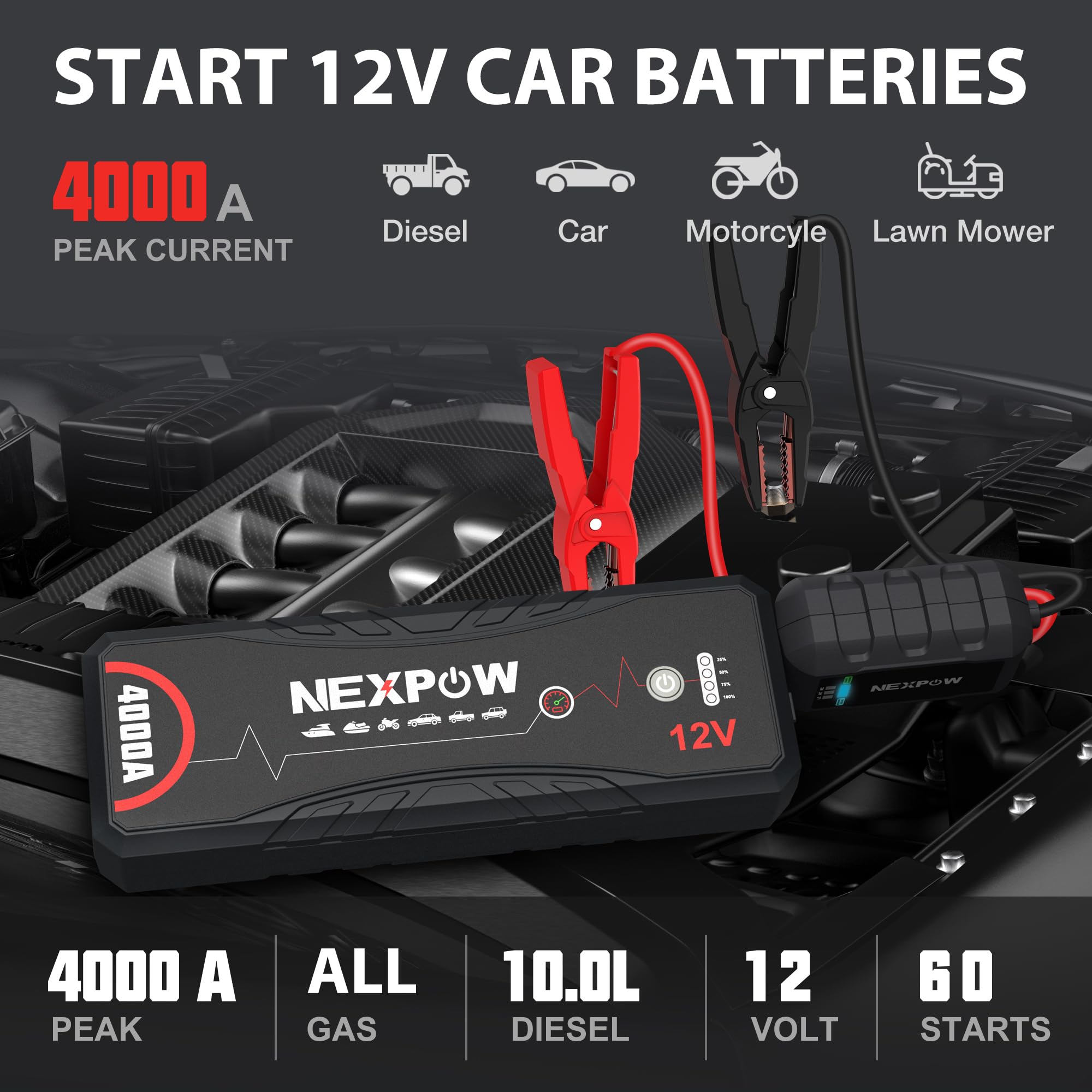 Nexpow Car Jump Starter 4000A Car Battery Jump Starter Portable Pack For Up To All Gas And 10.0L Diesel Engine 12V Jump Box, Jum