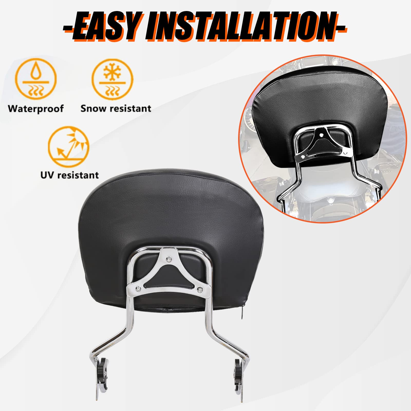 Detachable Sissy Bar with Backrest Pad Chrome Compatible with 2009-2023 Harley Touring (NEED DOCKING HARDWARE)