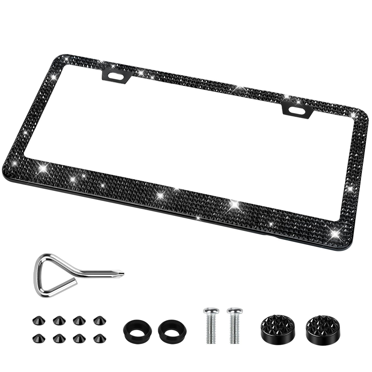 Quanqiufei 1 Pack Bling License Plate Frames, Sparkly Rhinestone Diamond Car License Plate Cover For Women, Stainless Steel Car 