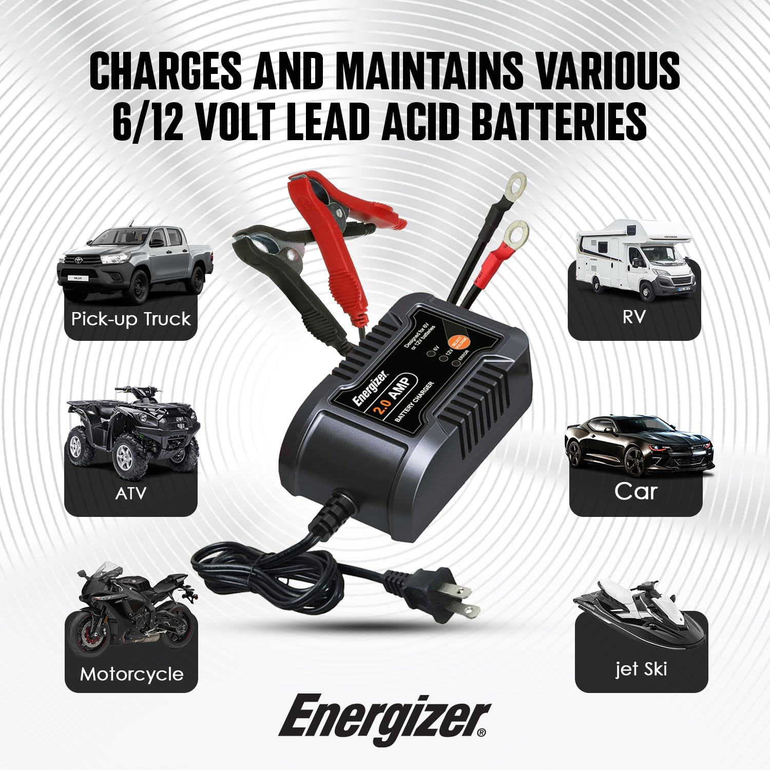 Energizer 2-Amp Battery Charger/Maintainer, 9-Step Smart Battery Car Charger, LCD Display, 6V/12V Voltage Detection for Auto, Mo