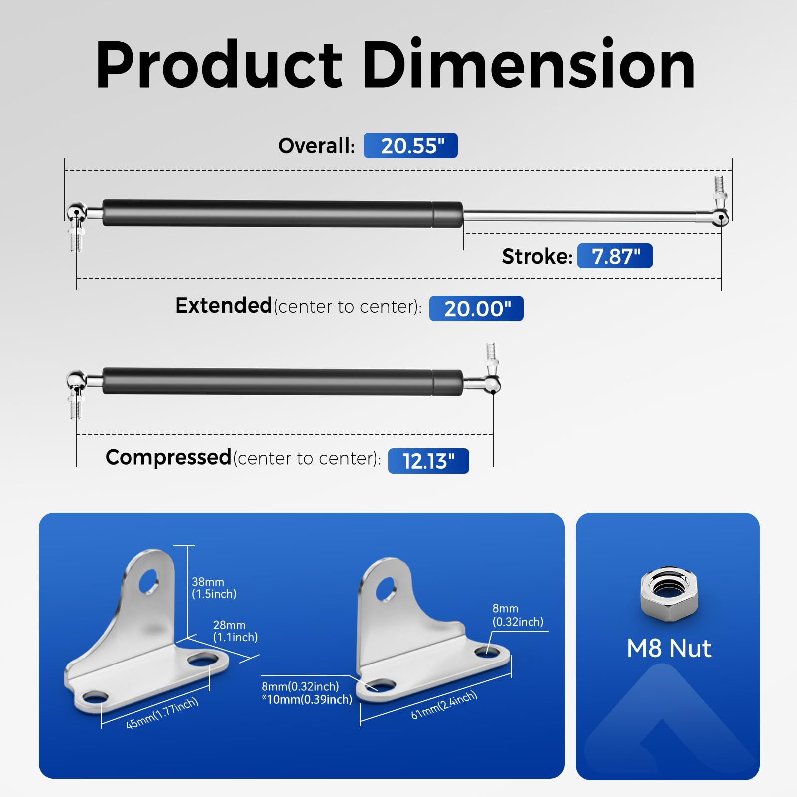 ARANA 20 inch 55 LB Gas Struts Shocks Props with Mounting Brackets, 20'' Hydraulic Lift Support Gas Struts for Hatch Trailer Doo