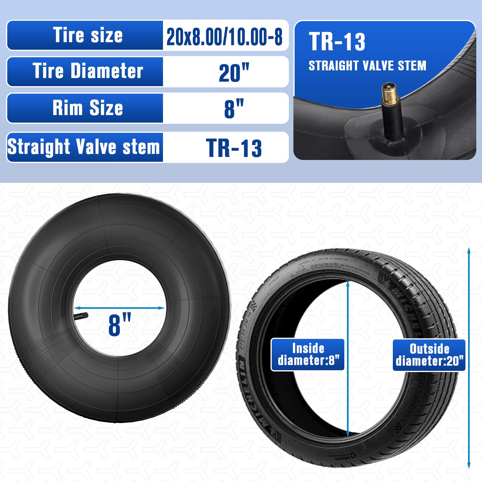 20X10-8,20X8-8,20X10.00-8,20X8.00-8 Premium Replacement Tire Inner Tubes(2 Packs),For Riding Mower Lawn Tractor Snow Blower Golf Cart Garden Trailer,With Tr13 Straight Valve Stem, By Nakao