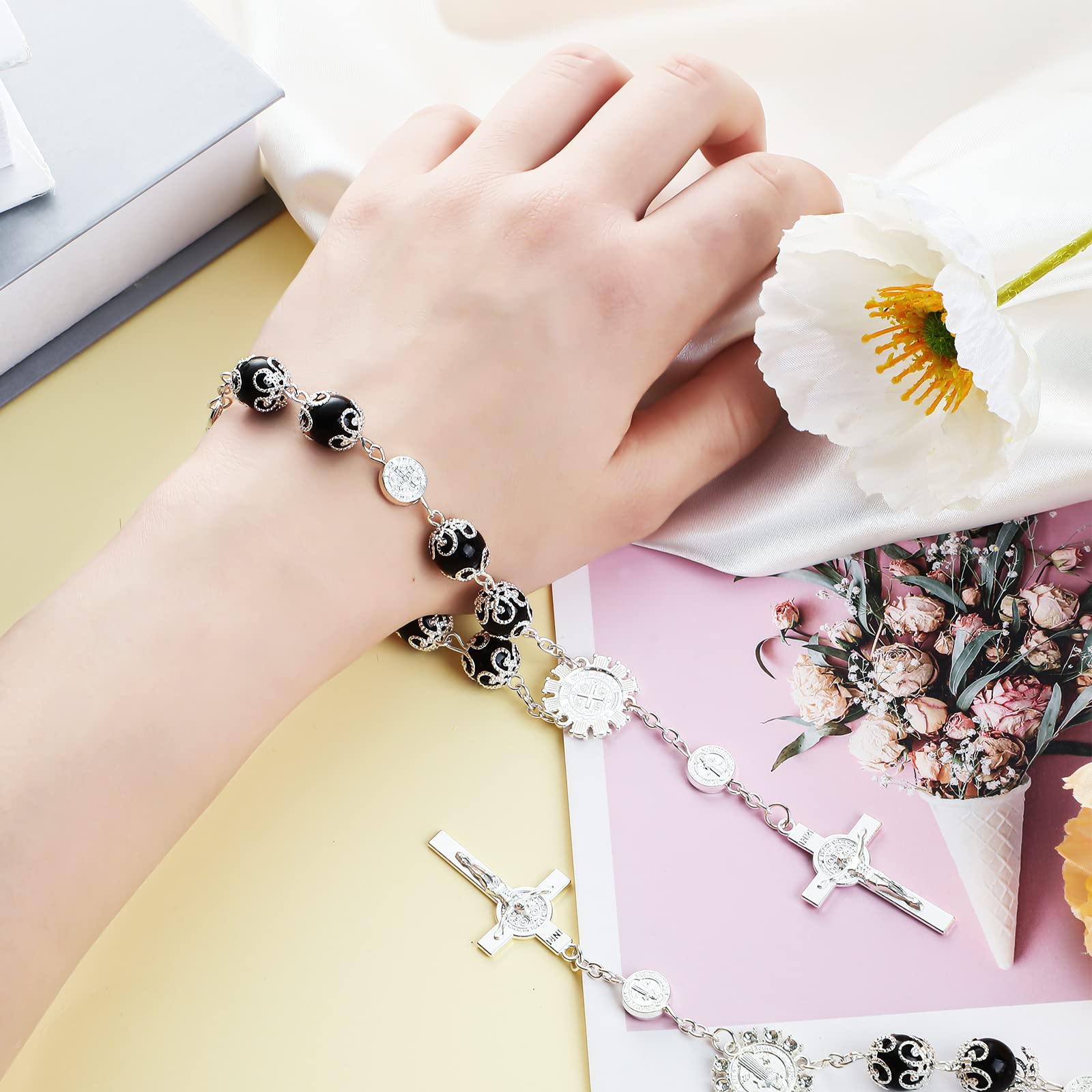 Frienda Saint Benedict Car Rosary 2 Pcs Rearview Mirror Auto Rosary Hanging Personalized Car Cross Blessing Catholic Medal For T