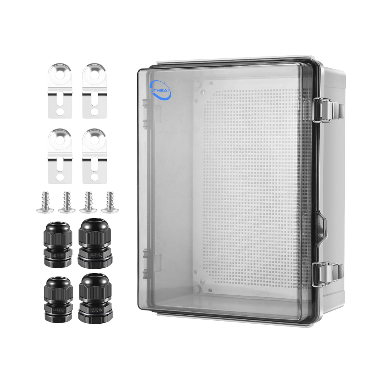 Rthieai Waterproof Outdoor Ip67 Junction Box(16.1'X12.2'X7.1') With Mounting Plate, Hinged Clear Cover And Wall Brackets - Weatherproof Abs Plastic Electrical Enclosure For Diy Projects(410X310X180Mm)