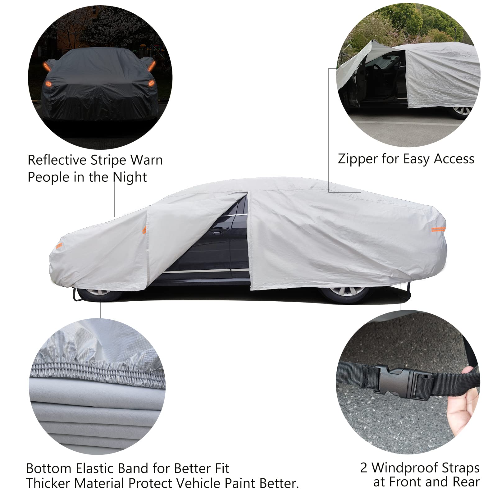 Seazen Car Cover 6 Layers, Waterproof Sedan Car Cover With Zipper Door, Snowproof/Uv Protection/Windproof, Universal Car Covers Breathable Fabric With Cotton (185 To 200)