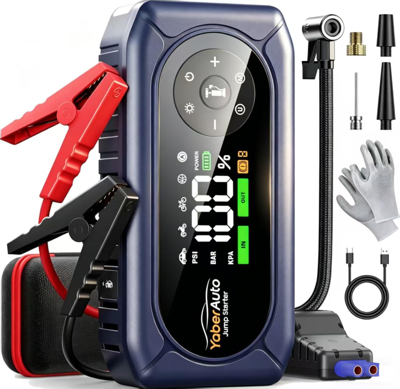 YaberAuto 9-in-1 Car Jump Starter with Air Compressor 4500A 150PSI, Battery Jumper Starter Portable for 9L Gas/8L Diesel, Jump B