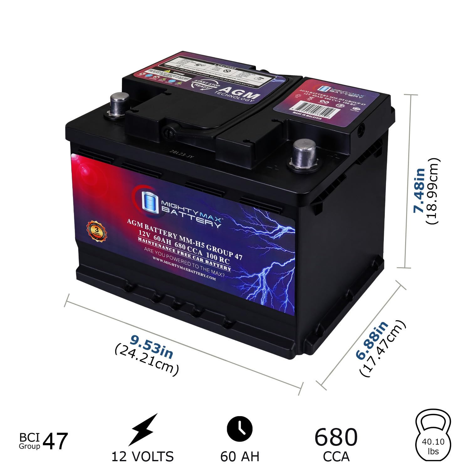 Mighty Max Battery MM-H5 Start and Stop Car BCI Group Size 47 12V 60 AH, 100RC, 680 CCA Rechargeable AGM Car Battery