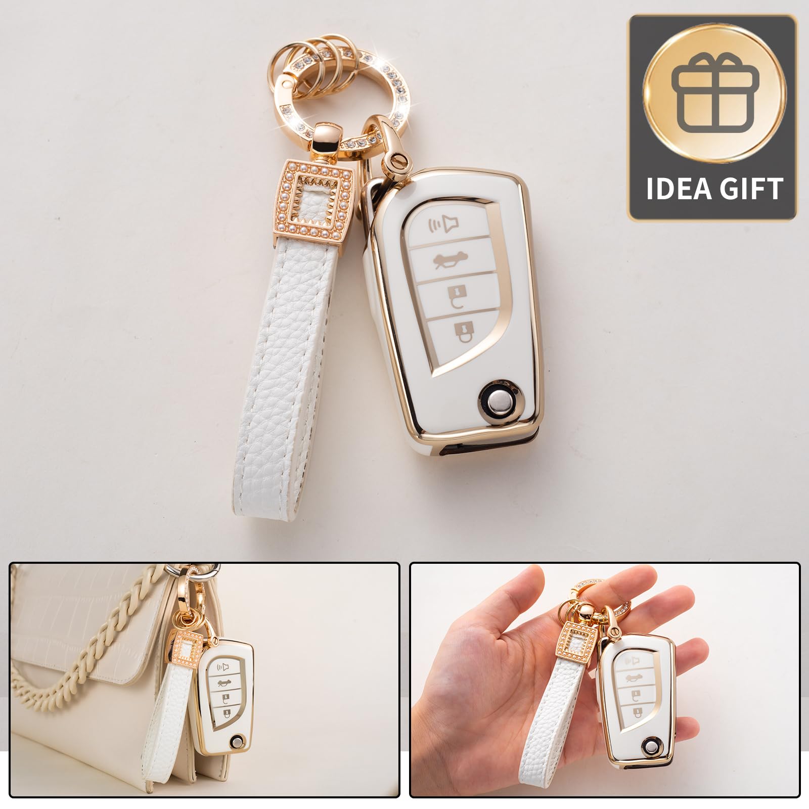 Cacarlike For Toyota Key Fob Cover With Leather Lanyard, Car Key Fob Case Compatible With Toyota Fortuner Tundra Camry Rav4 High