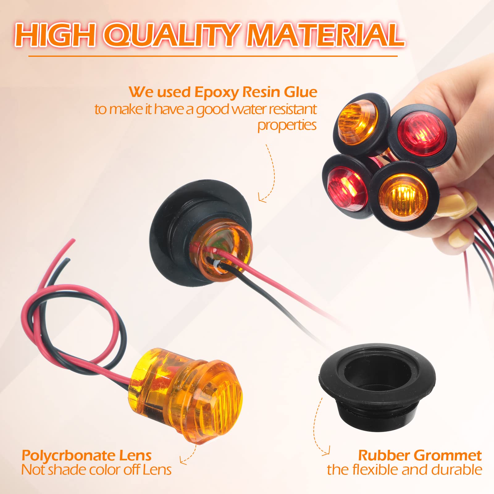 100 Pieces 3/4 Inch Round Led Side Marker Lights, 3 Leds Front Rear Side Indicator Lights Yellow And Red Turn Signal Lights Ip68