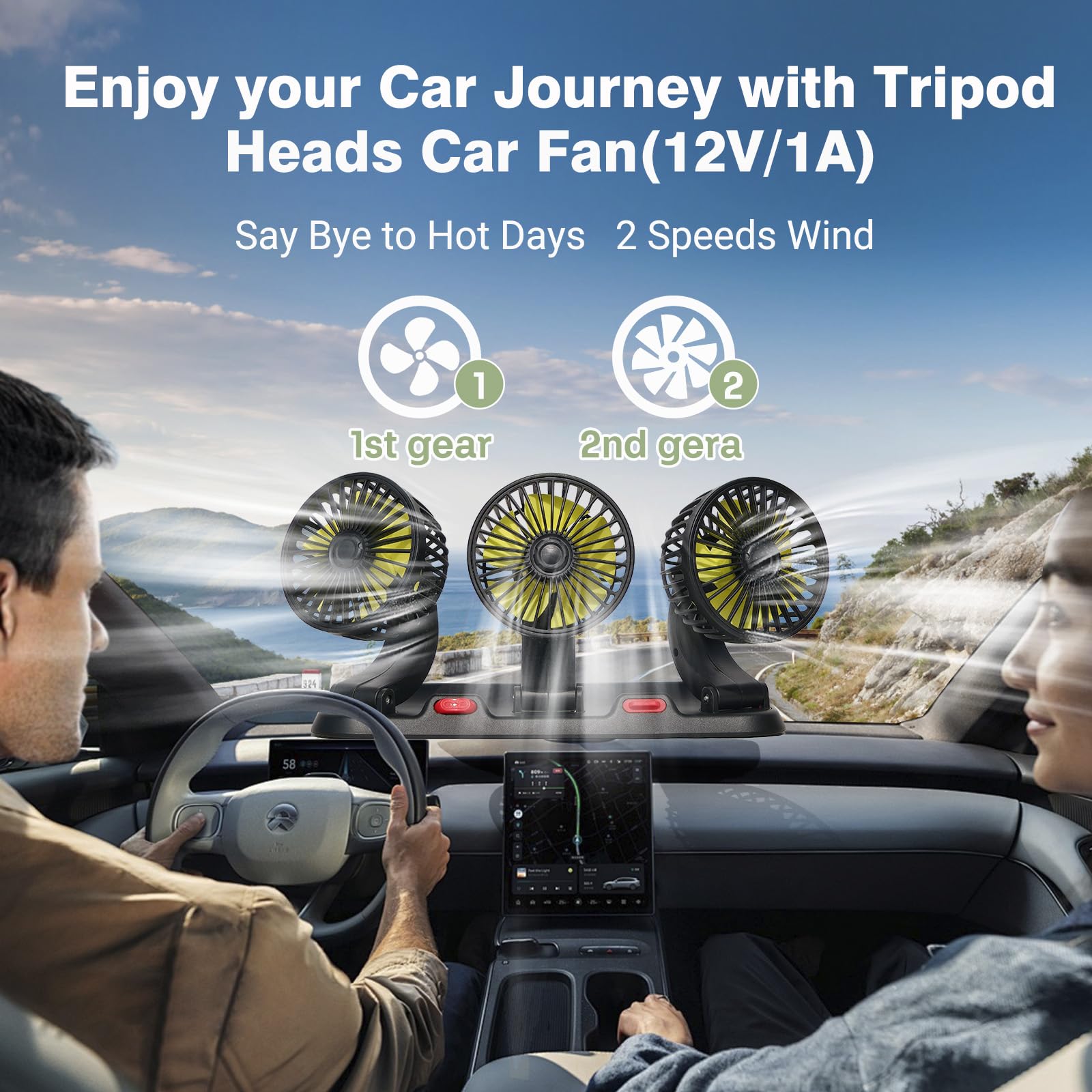 Huenlyel Car Dashboard Fan For Car, Triple Heads 12V Fan For Car Dashboard Truck Suv Rv(12V/1A Plug)