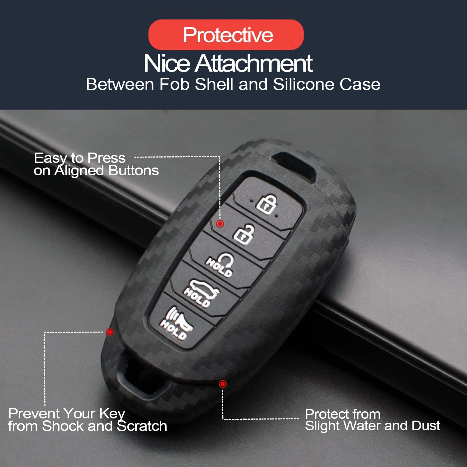 Infipar 2Pcs Compatible With Hyundai Elantra Palisade Elantra N Smart 5 Buttons Key Fob Cover Case Key Chain Protector Keyless Entry Carbon Fiber Looks Remote Holder