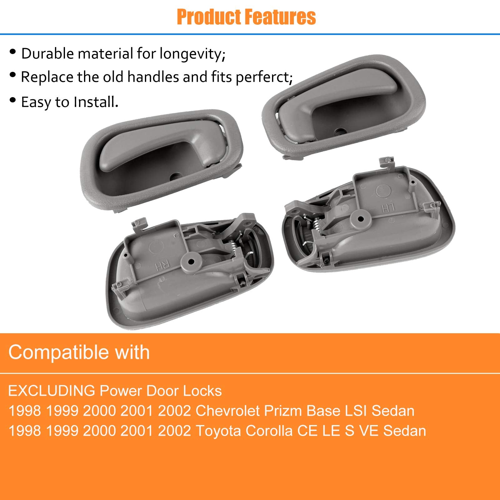 NPAUTO Gray Front Rear Door Handles Pair for 1998-2002 Toyota Corolla & Chevy Prizm Manual Lock Replacement