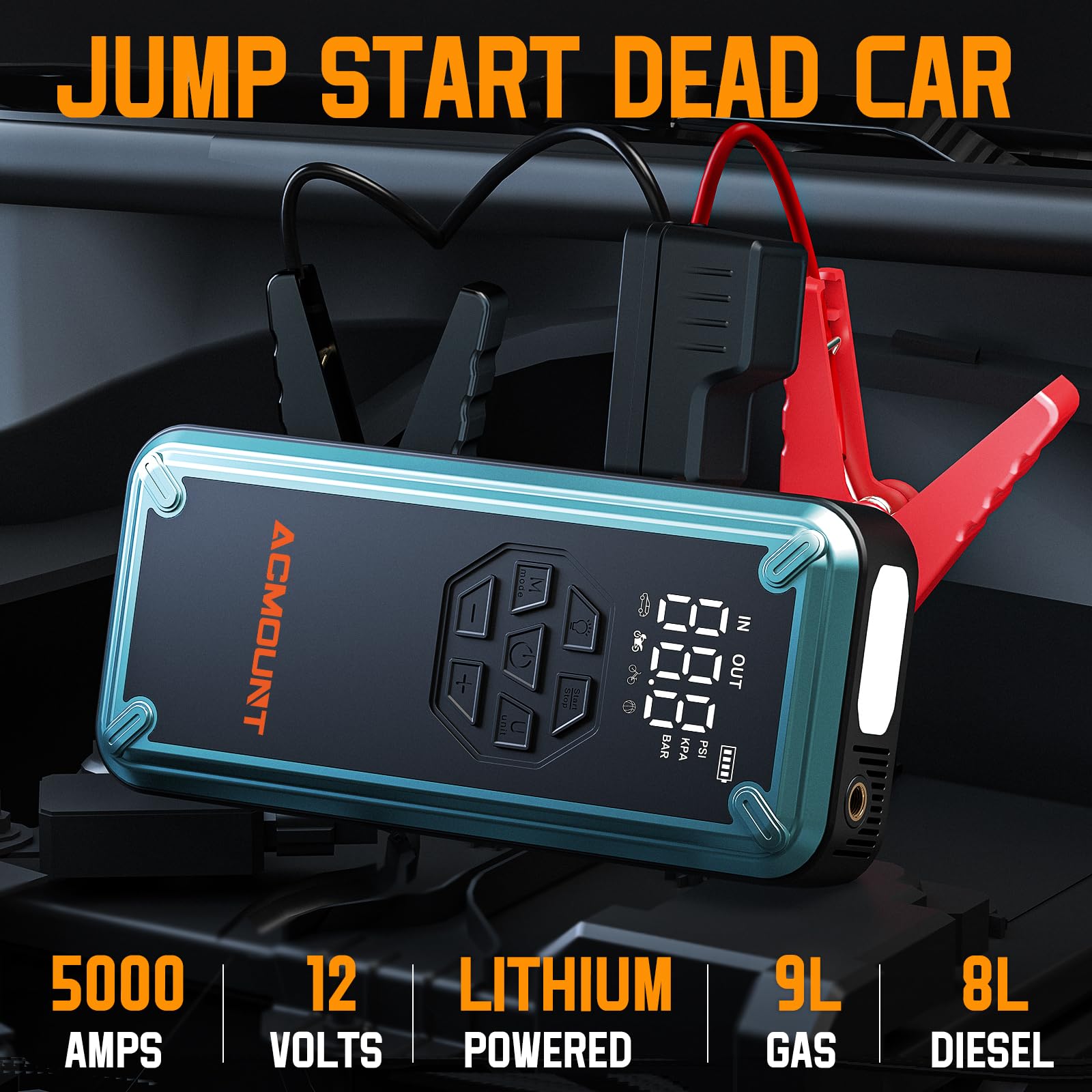 Jump Starter With Air Compressor, Acmount 5000A Car Battery Jump Starter With 150Psi Tire Inflator For Up To 9.0 Gas/8.0L Diesel