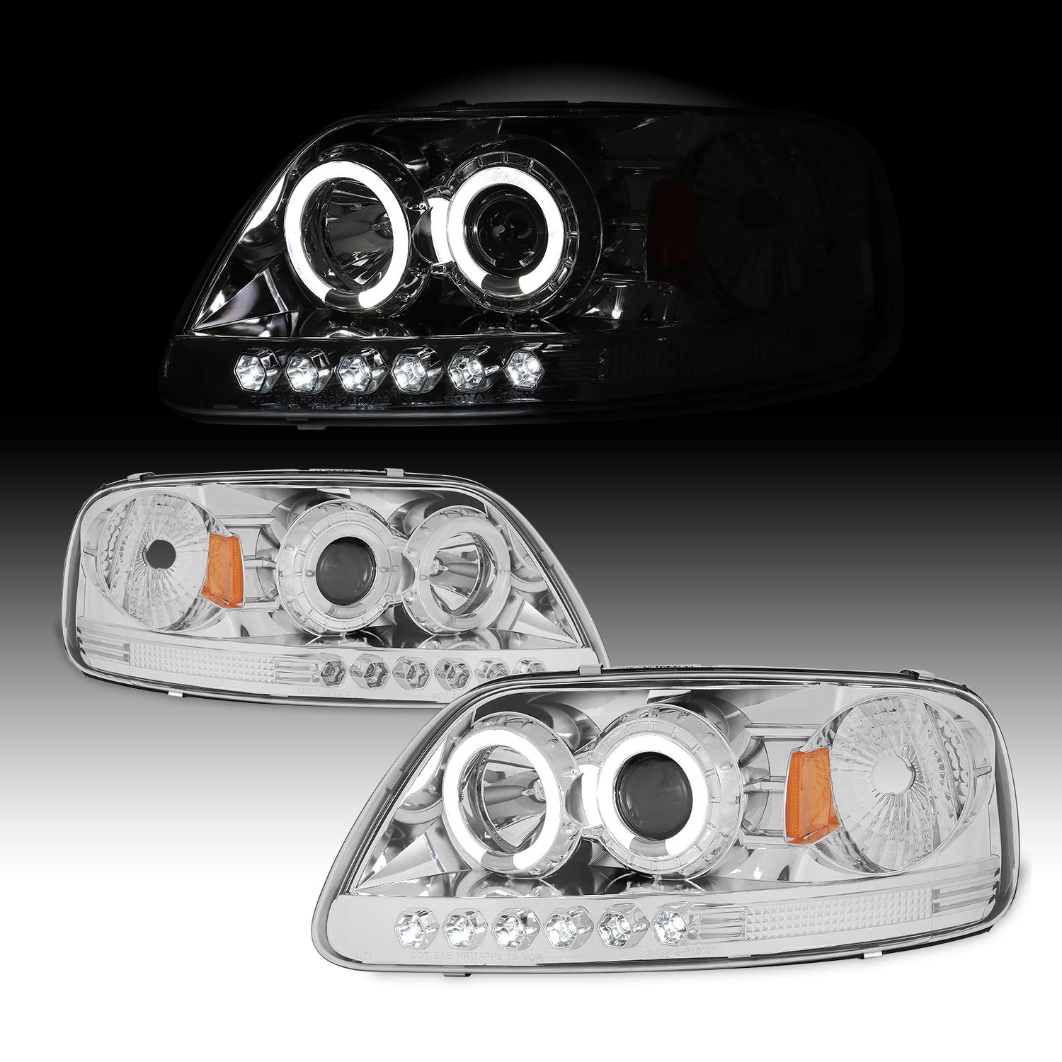 AKKON - For 1997-2002 Ford F-150 2003 Expedition 04 F150 Heritage Dual LED Ring Chrome Clear Projector Headlights + Corner