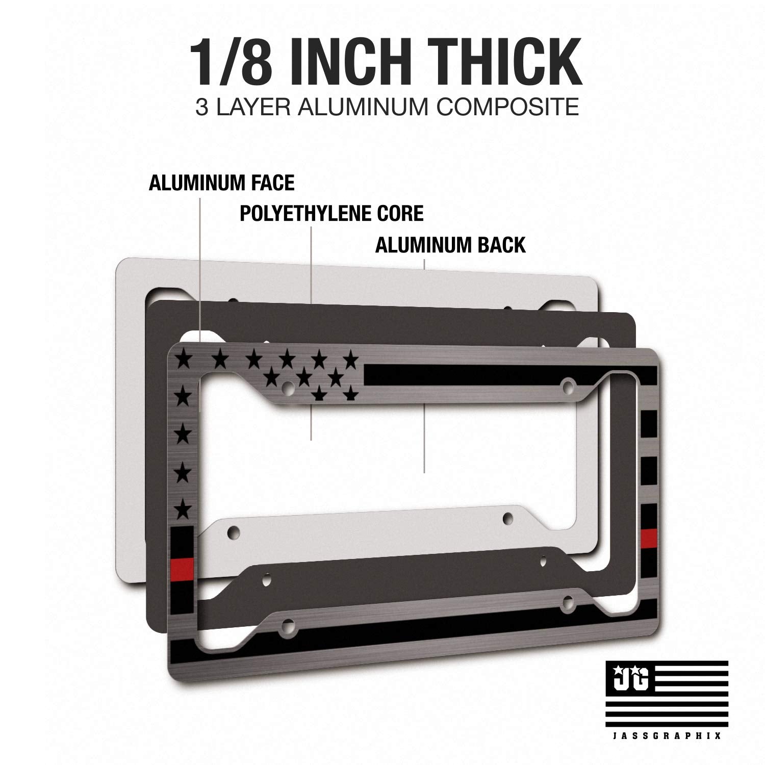 Heavy Duty Thin Red Line American Flag License Plate Frame Matte Black On Brushed Aluminum Composite