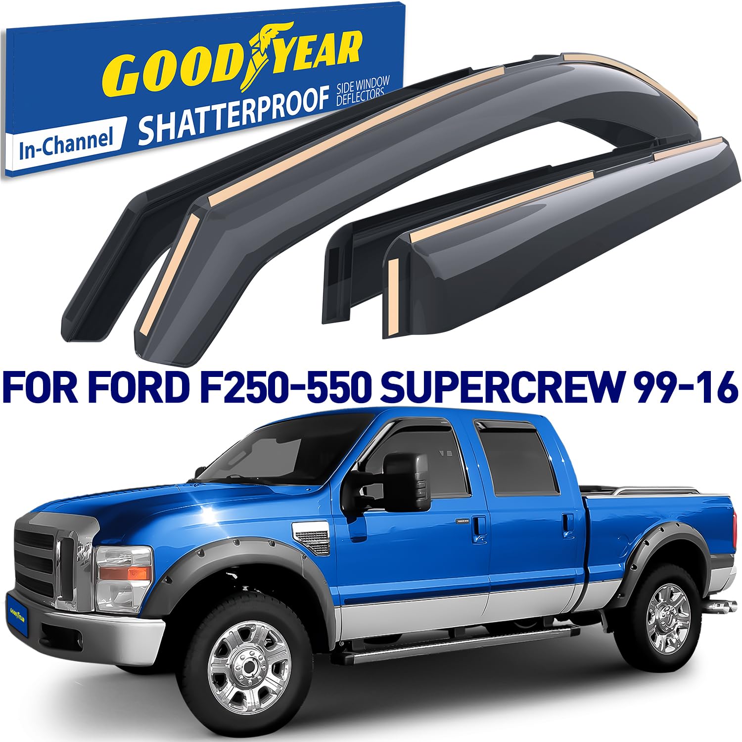 Goodyear Shatterproof In-Channel Window Deflectors For Ford F250 To F550 Super Duty 1999-2016 Supercrew, Rain Guards, Window Vis