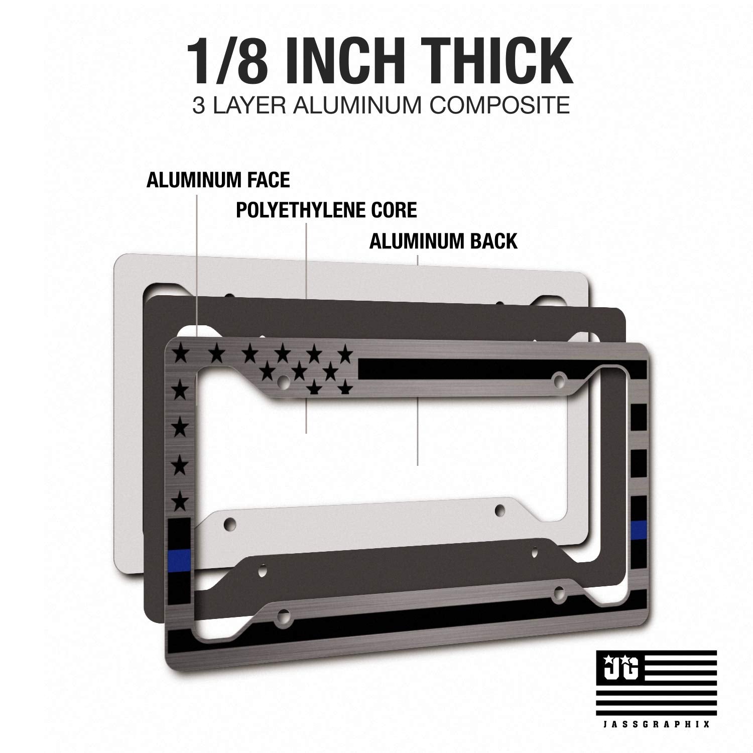 Heavy Duty Thin Blue Line American Flag License Plate Frame Matte Black On Brushed Aluminum Composite