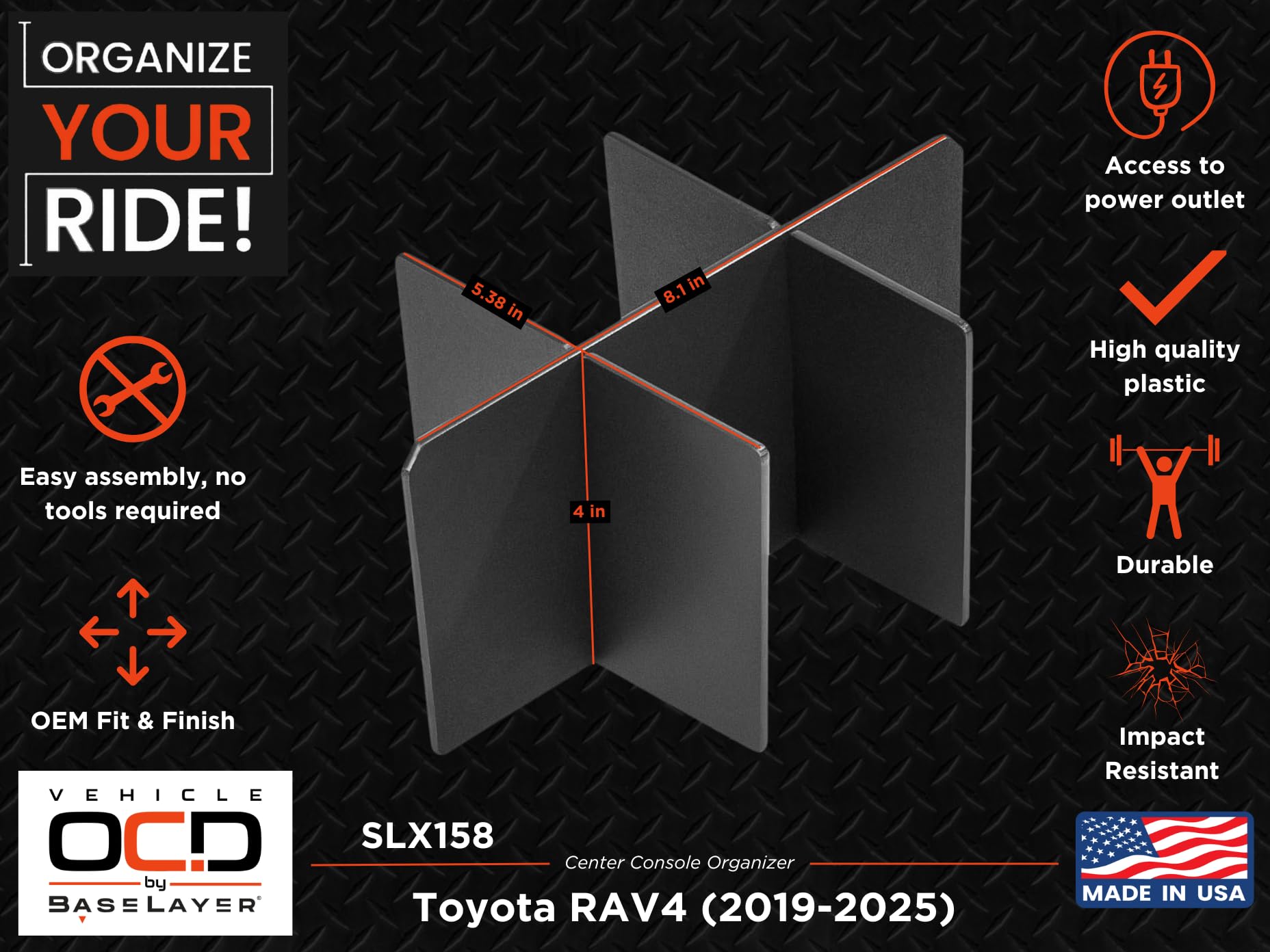 Vehicle OCD Center Console Organizer for Toyota RAV4 (2019-2025) - Black, Made in USA, Model SLX158, Durable Plastic