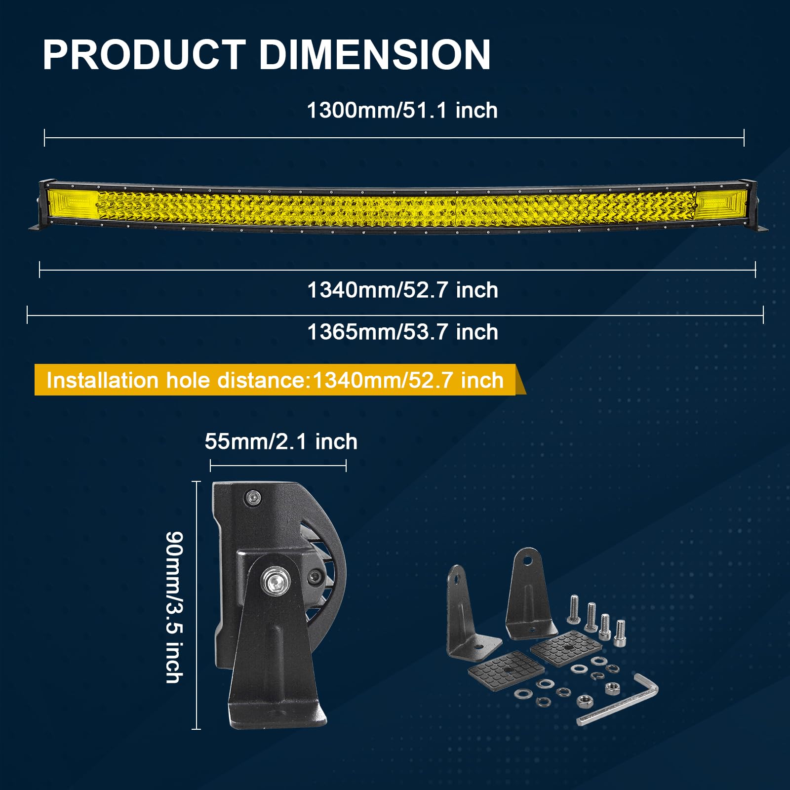 Rigidon 52 Inch 675W Curved Amber Led Light Bar, Triple Row Flood Spot Combo 67500Lm Light Bar Waterproof Driving Boat Offroad Led Work Light For Atv Utv Truck Roof Bumper