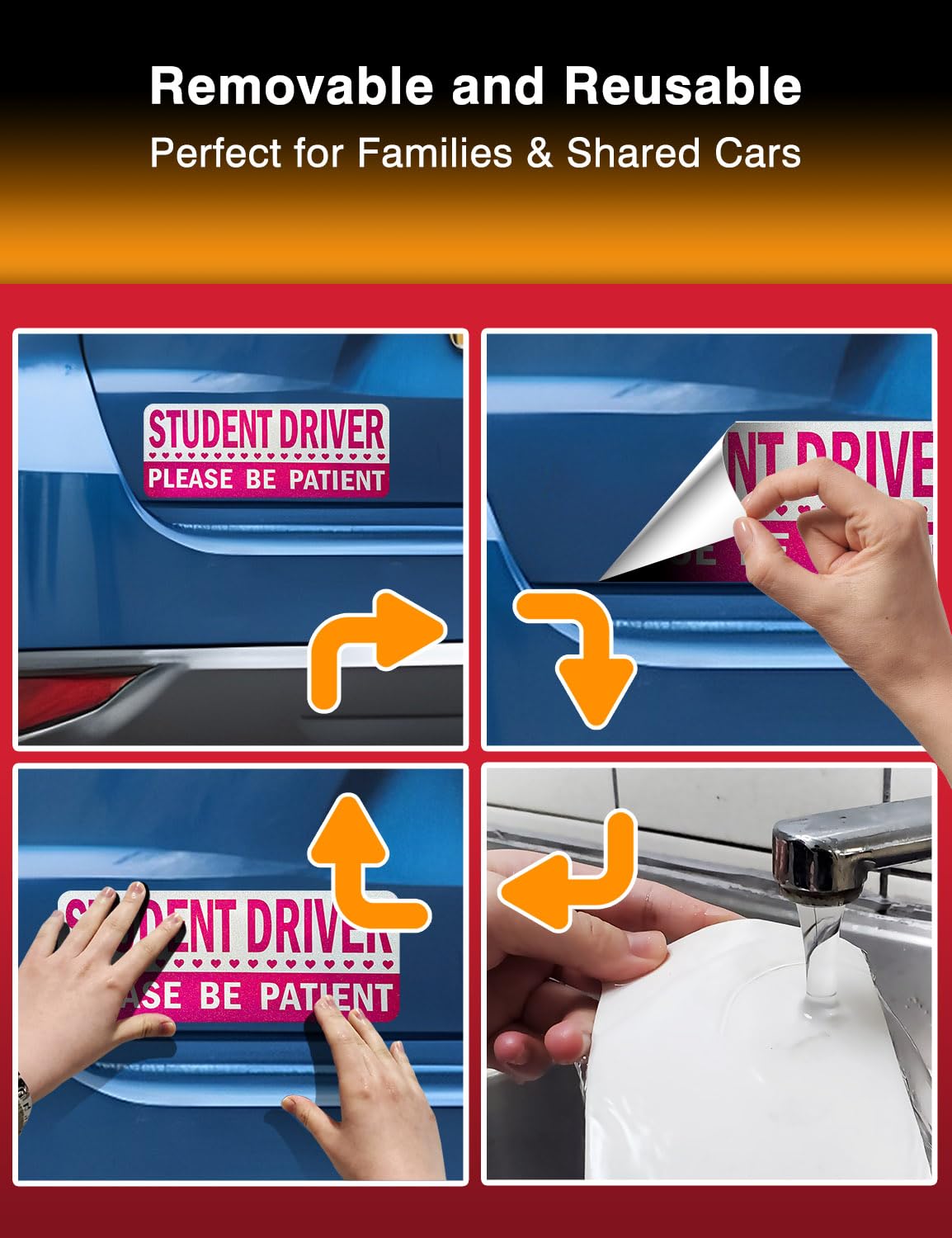 Student Driver Stickers (Non-Magnet) - Reusable, Reflective New Driver Sign For Car Bumper & Windows, Scratch-Free, Weather-Resi