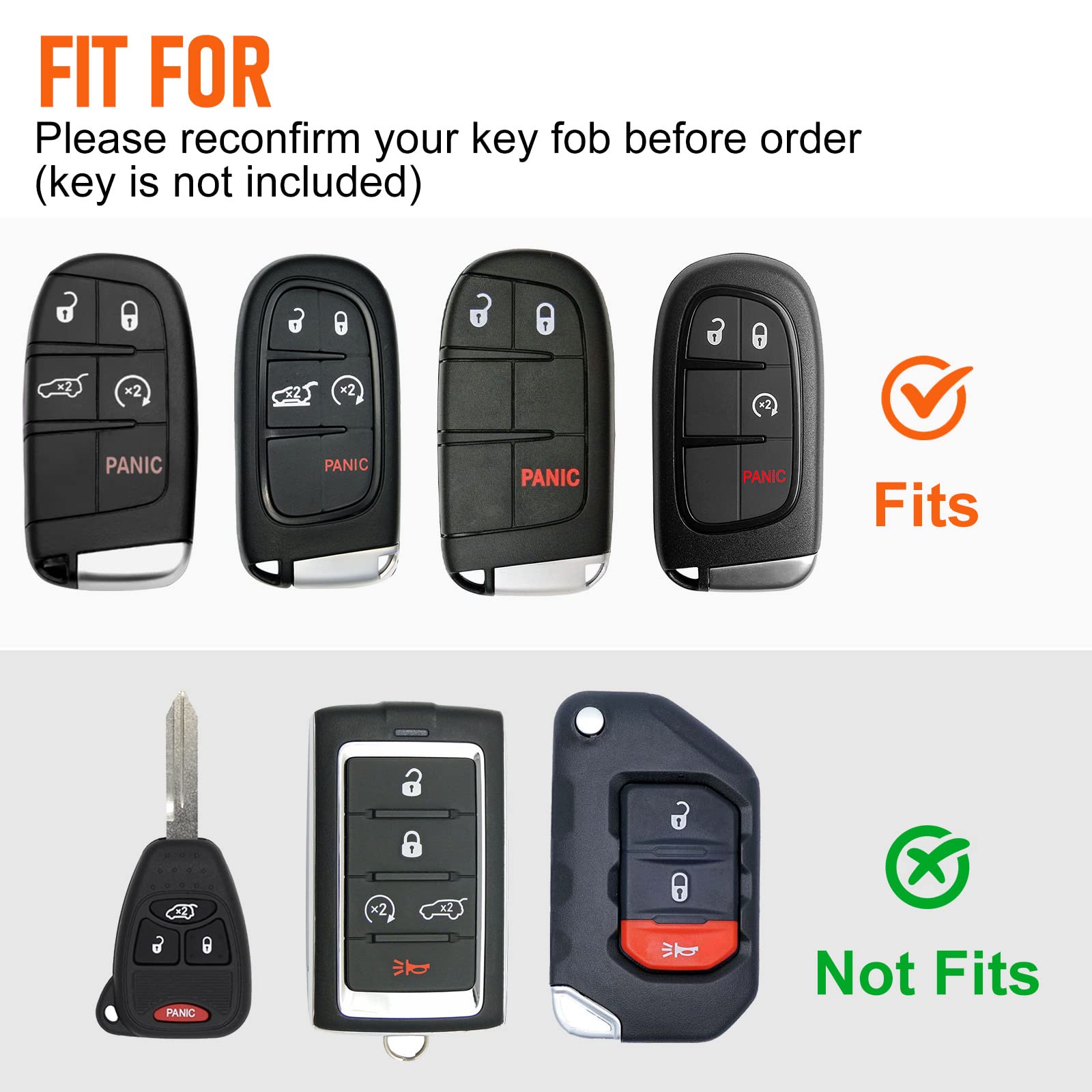 Slohif For Jeep Leather Key Fob Cover Accessories For Grand Cherokee Renegade Chrysler 200 300 Dodge Ram Durango Challenger Journey Dart Fiat 5 Buttons, Leather Case+D-Ring+Hook(Black)