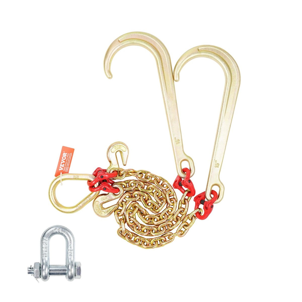 VEVOR G80 V Bridle Chain, 5/16'' x 2' Towing Chain Bridle with 15'' J Hooks and Grab Hooks, Heavy Duty Transport Tow Chain Bridl