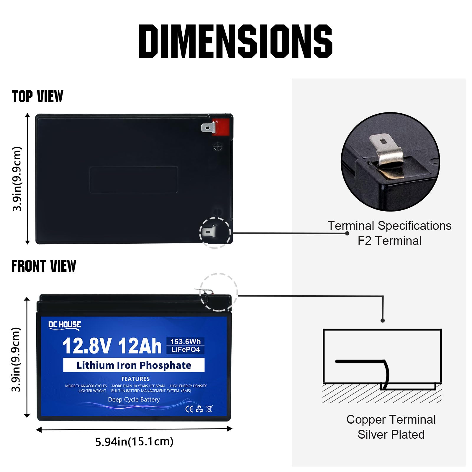 DC HOUSE 12V 12Ah LiFePO4 Lithium Battery with 15A BMS for Marine & Mobility Scooters - 10 Year Lifespan, 10000+ Cycles