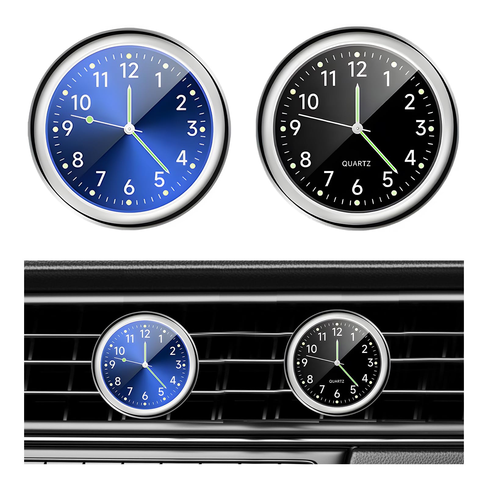 Dickno 2 Pcs Stick On Dashboard Car Clock, Mini Tiny Analog Quartz Luminous Air Vent Clocks, Self Adhesive Automotive Vent Clock