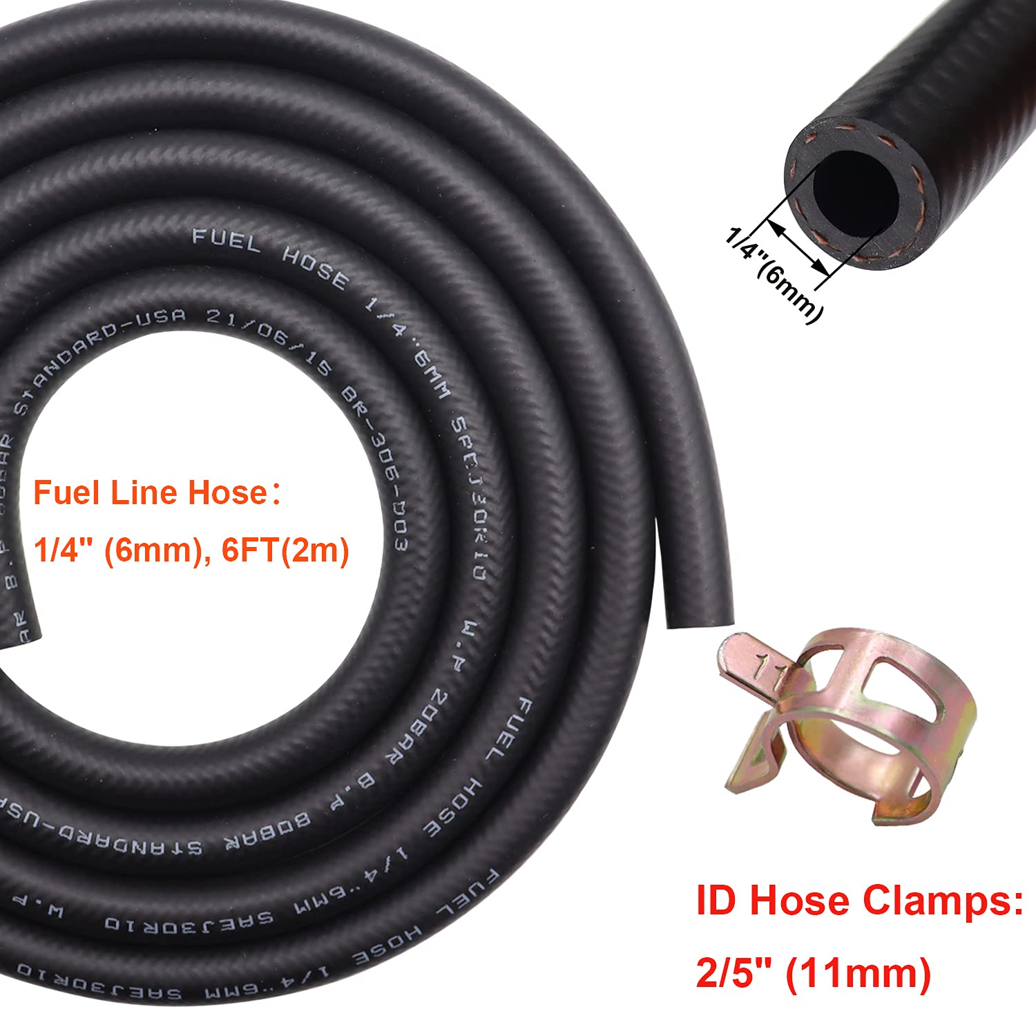 Taiss Id Fuel Line Kit, 1/4" (6Mm), 6-Foot (2M) Fuel Line Hose + 10Pcs 2/5" (11Mm) Id Hose Clamps. Suitable For Small Engines: Tractors, Mowing Machine, Snow Machine, Etc.