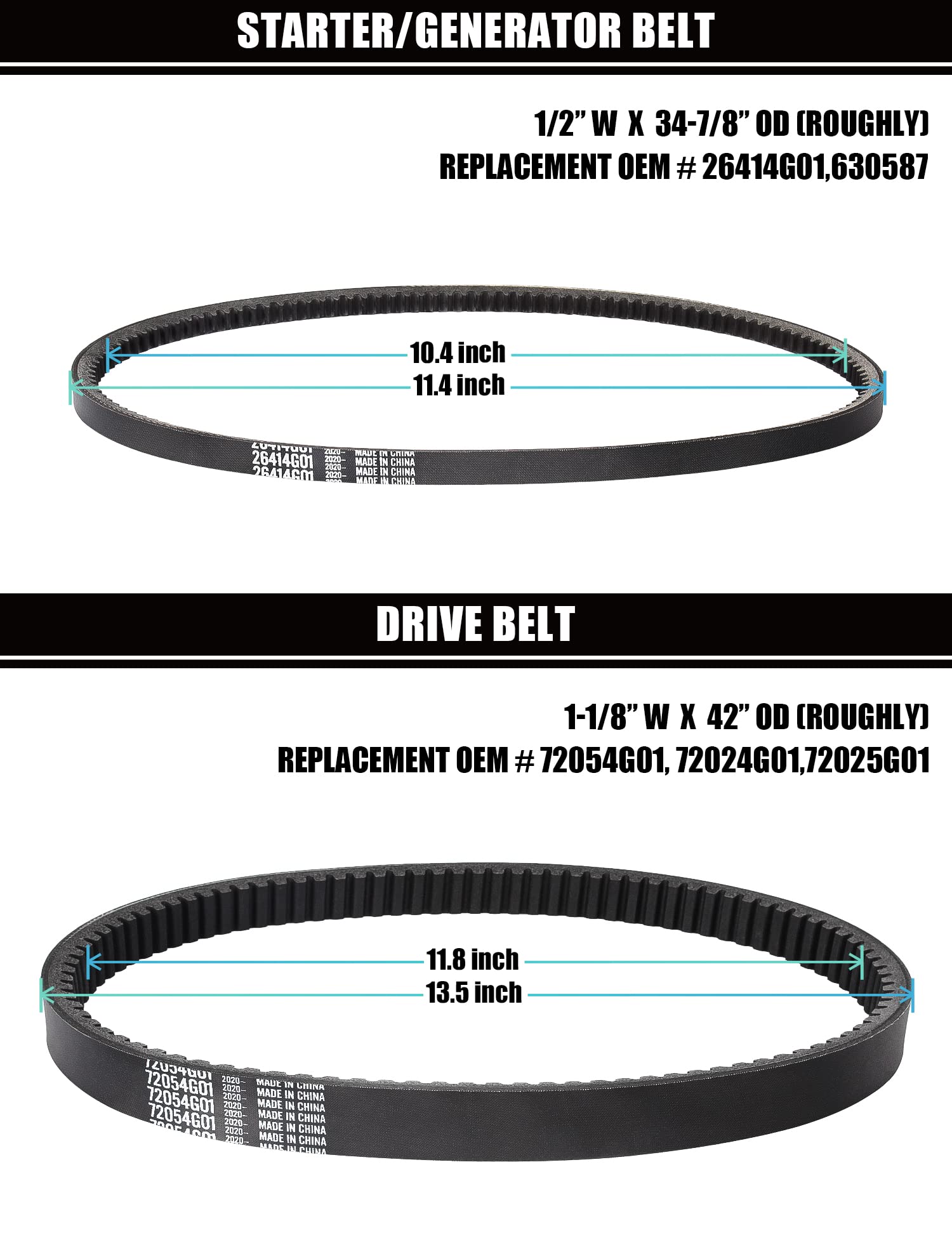 Geggkake Ezgo Drive Belt & Starter Generator Belt Kits, Fits 4 Cycle 1994-Up Ezgo Txt/Medalist Gas Golf Cart, Oem# 72054G01, 72024G01, 72025G01, 26414G01