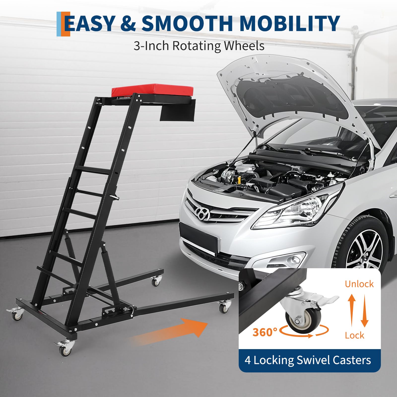 GarveeTech Foldable Topside Automotive Creeper, 45.7-66.3 Adjustable Height 400lbs Capacity Engine Creeper with Padded Deck