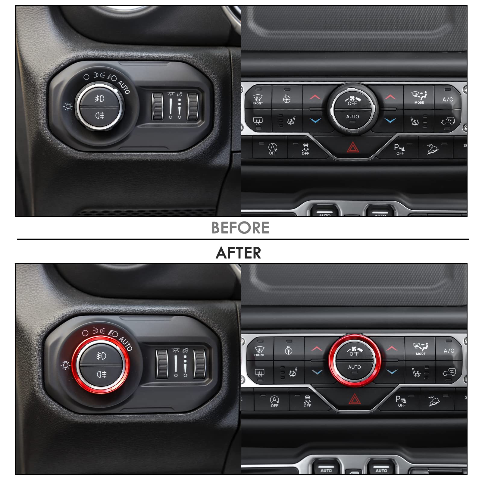 Voodonala Air Conditioner Headlight Switch Knob Trim for 2018-2024 Jeep Wrangler JL JLU Gladiator JT,Thin Red Aluminum Alloy 4pc