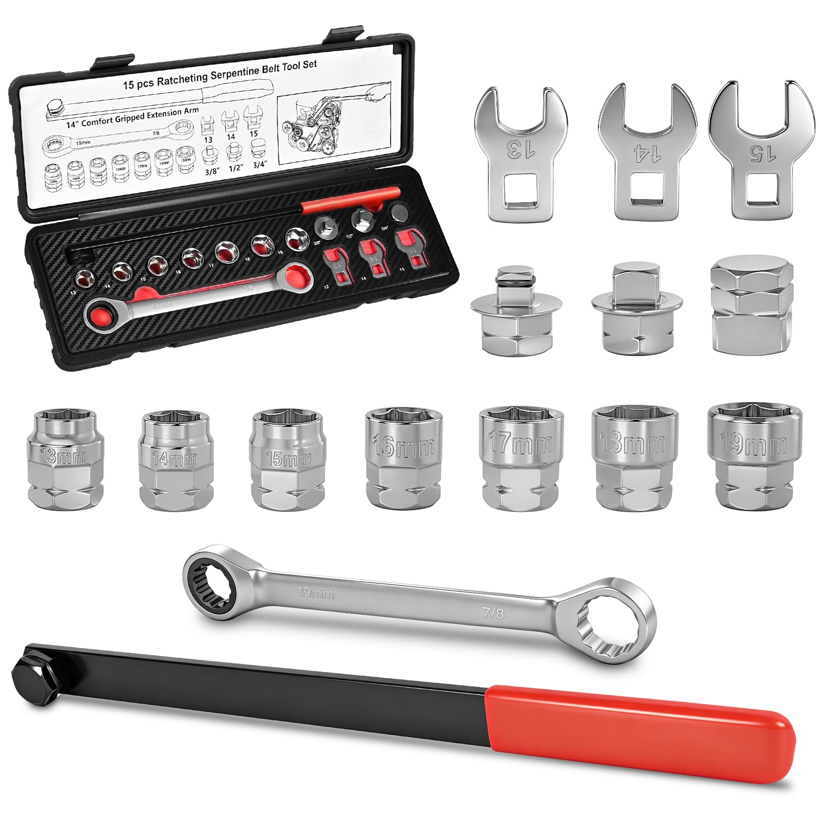 BQEC Universal Ratcheting Serpentine Belt Tool Set, 15-Piece Professional Belt Tensioner Tool Kit with Ratcheting Wrench, Crowfo