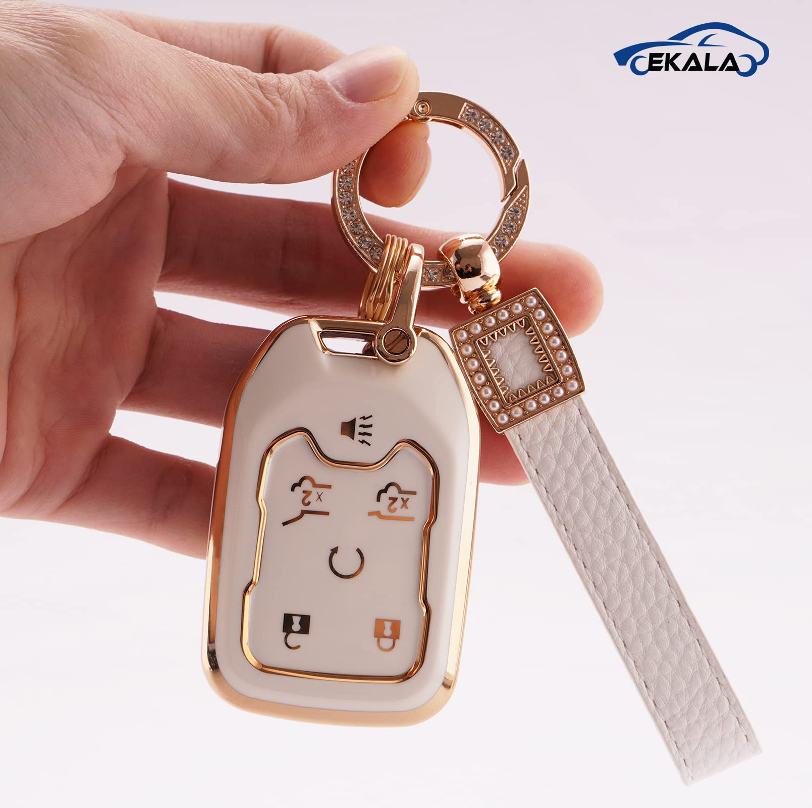 EKALA for GMC Key Fob Cover with Leather Key Fob Keychain, 6 Buttons Soft TPU Keys Shells White Key Fob Cover Compatible with GM