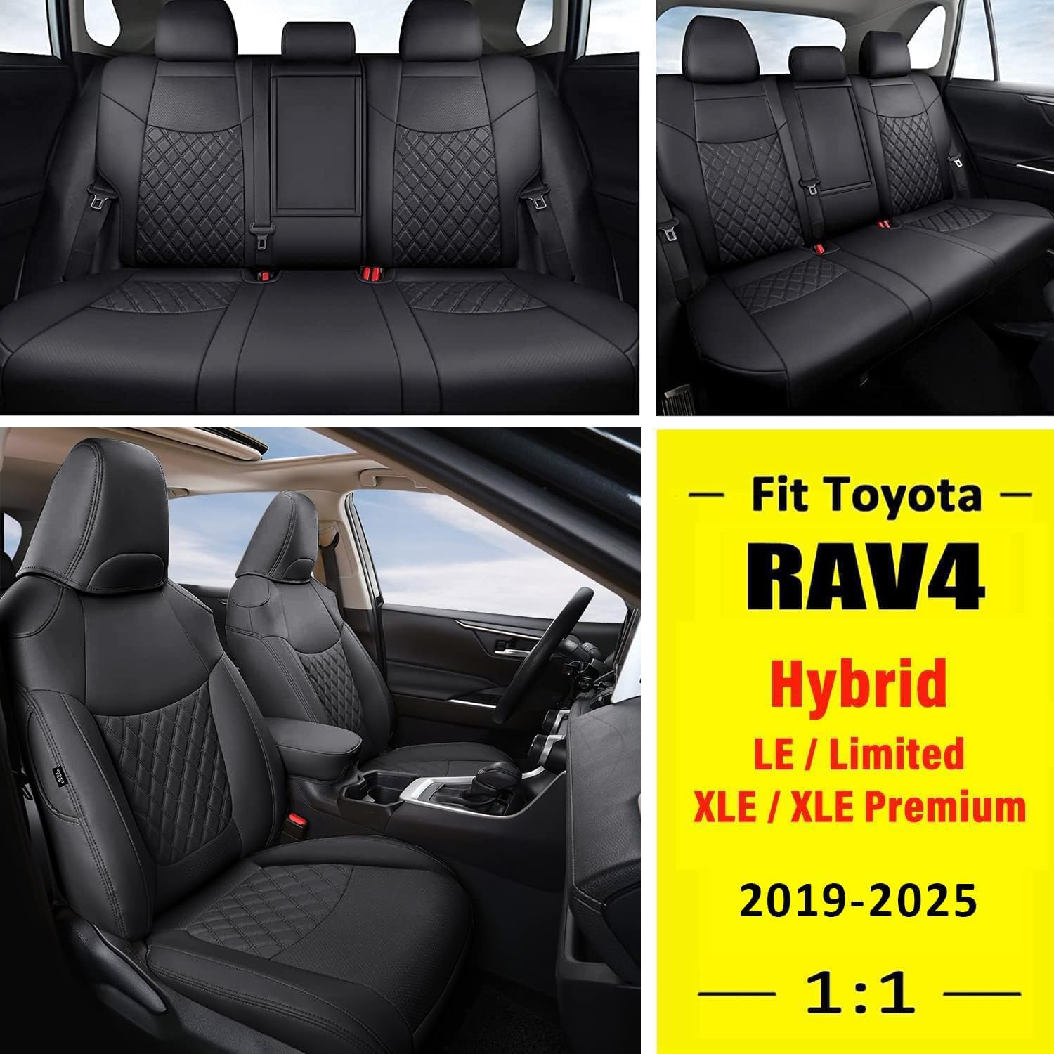 Giant Panda Pu Leather Car Seat Covers Full Set Custom Fit For Toyota Rav4 Le/Hybrid Limited/Xle/Xle Premium 2019-2025-(Black)