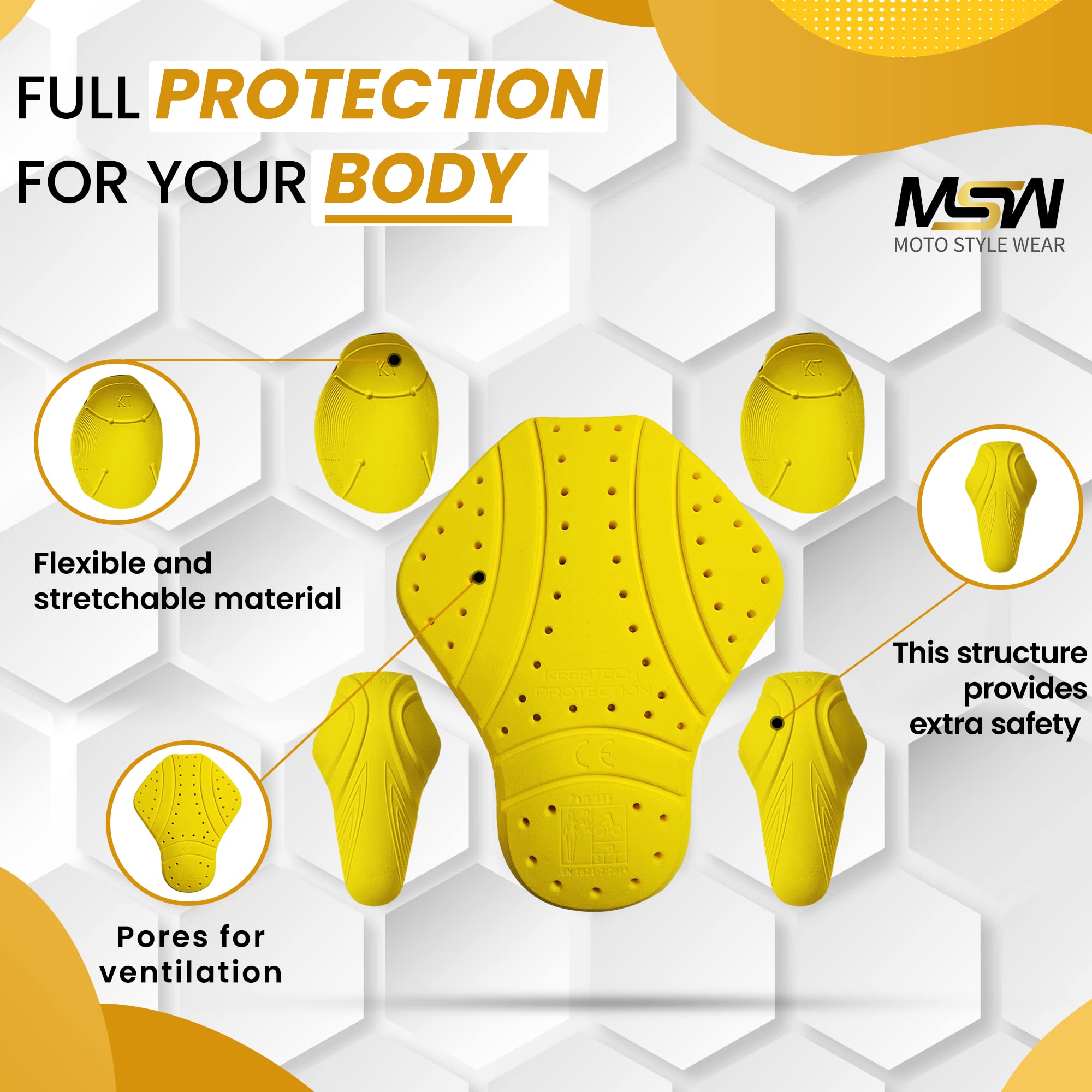 MOTOSTYLEWEAR 5 PC - CE Level 2 certified armor pads l Level 2 Approved Back, Shoulder And Elbows armor protector inserts for Mo