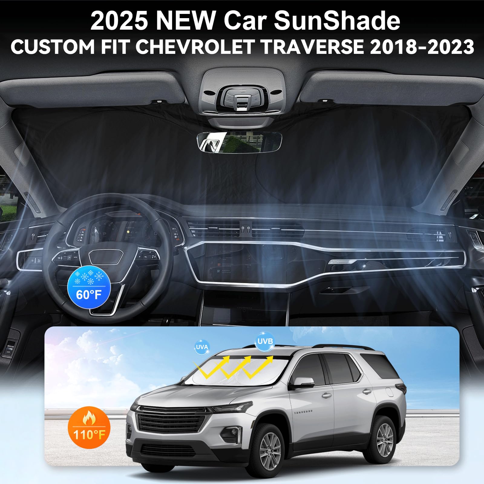 Sunshade For Chevrolet Traverse Windshield Sun Shade Cover Custom Fit 2018-2024 2025 Chevy Traverse Ls, Lt, Rs, Redline, Premier