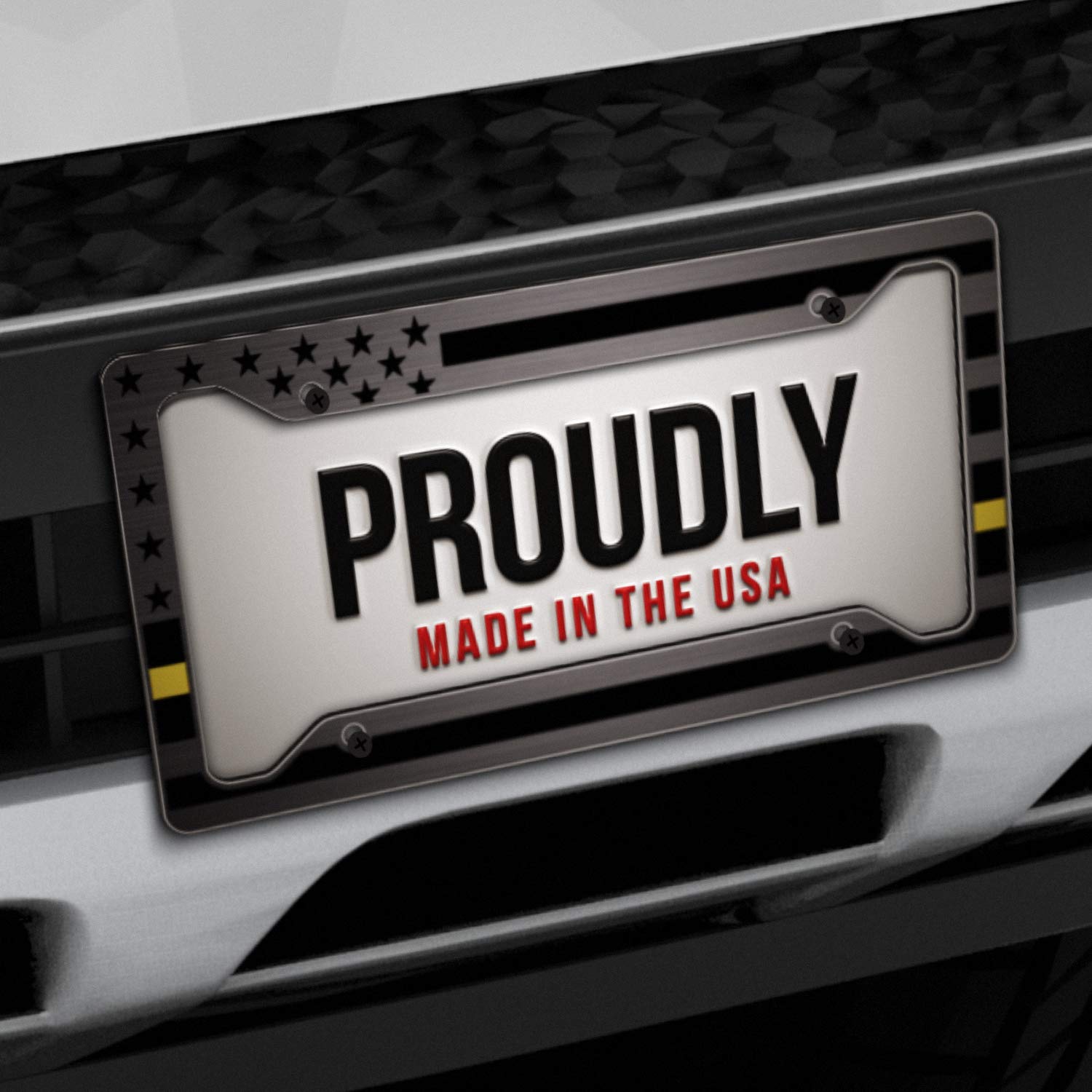 JASS GRAPHIX American Flag License Plate Frame - Thin Yellow Line - Brushed Aluminum Car Tag Frame for Tow Truck Drivers