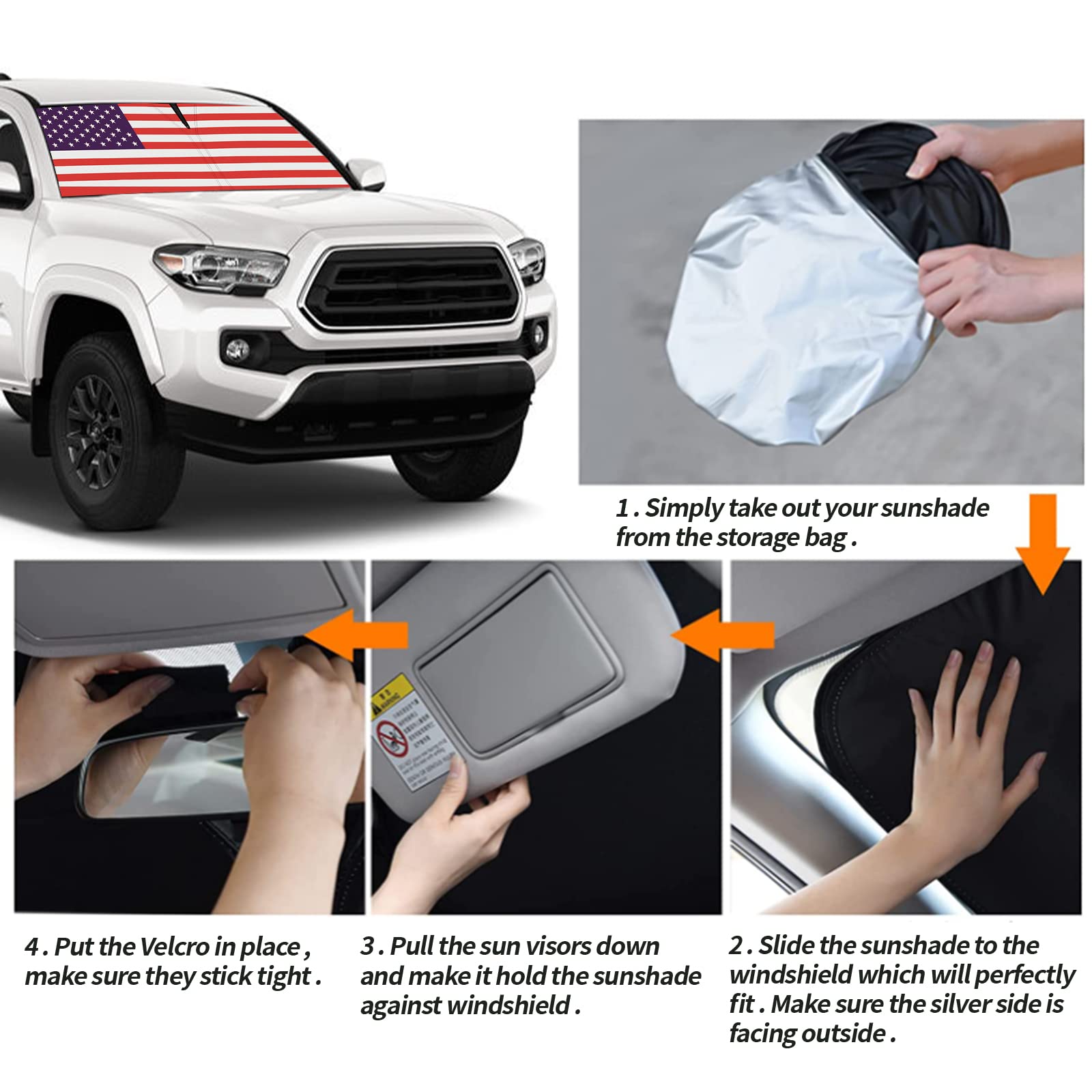 Moricere Upgrade Windshield Sun Shade With Usa Flag For Toyota Tacoma 2016-2023, Foldable Windshield Sun Visor Blocks Uv Rays